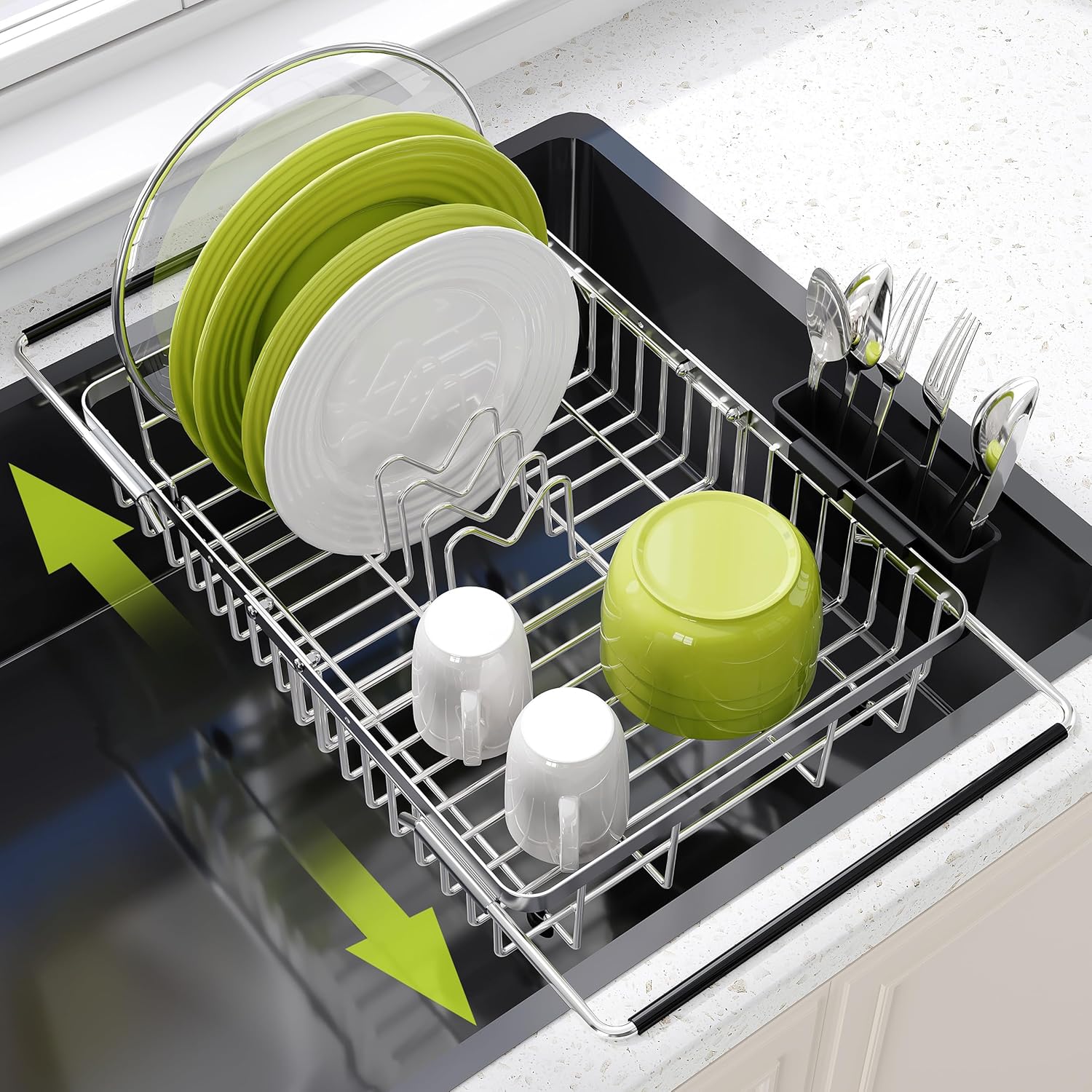 JASIWAY Expandable Dish Drying Rack Over the Sink with Utensil Holder