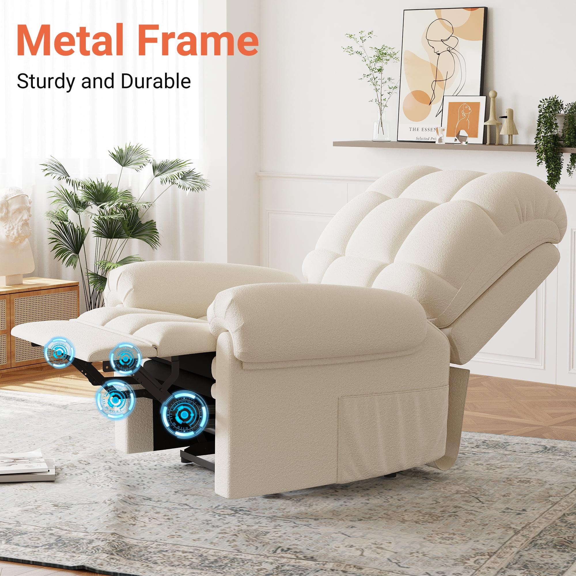 Power Recliner Chair,Electric Recline Sofa Chair for Adults with USB Port,Comfy Teddy Fleece Adjustable Cloud Sofa,Tool-Free Setup,Beige White(Off White) - Image 7