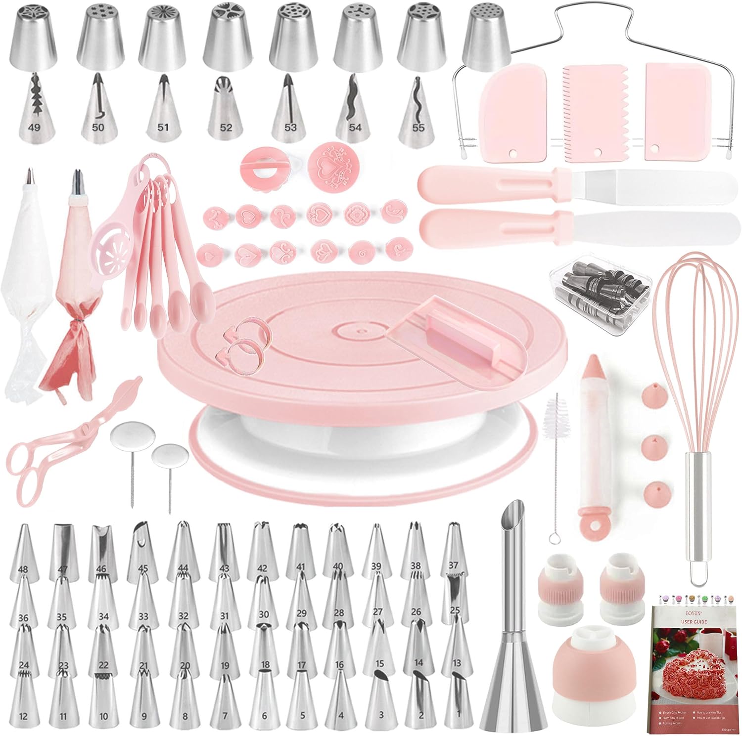 Cake Decorating Kit, 137pcs Cake Decorating Supplies with Cake Turntable for Decorating, Pastry Piping Bag, Russian Piping Tips Baking Tools, Cake Baking Supplies for Beginners (Light Pink)
