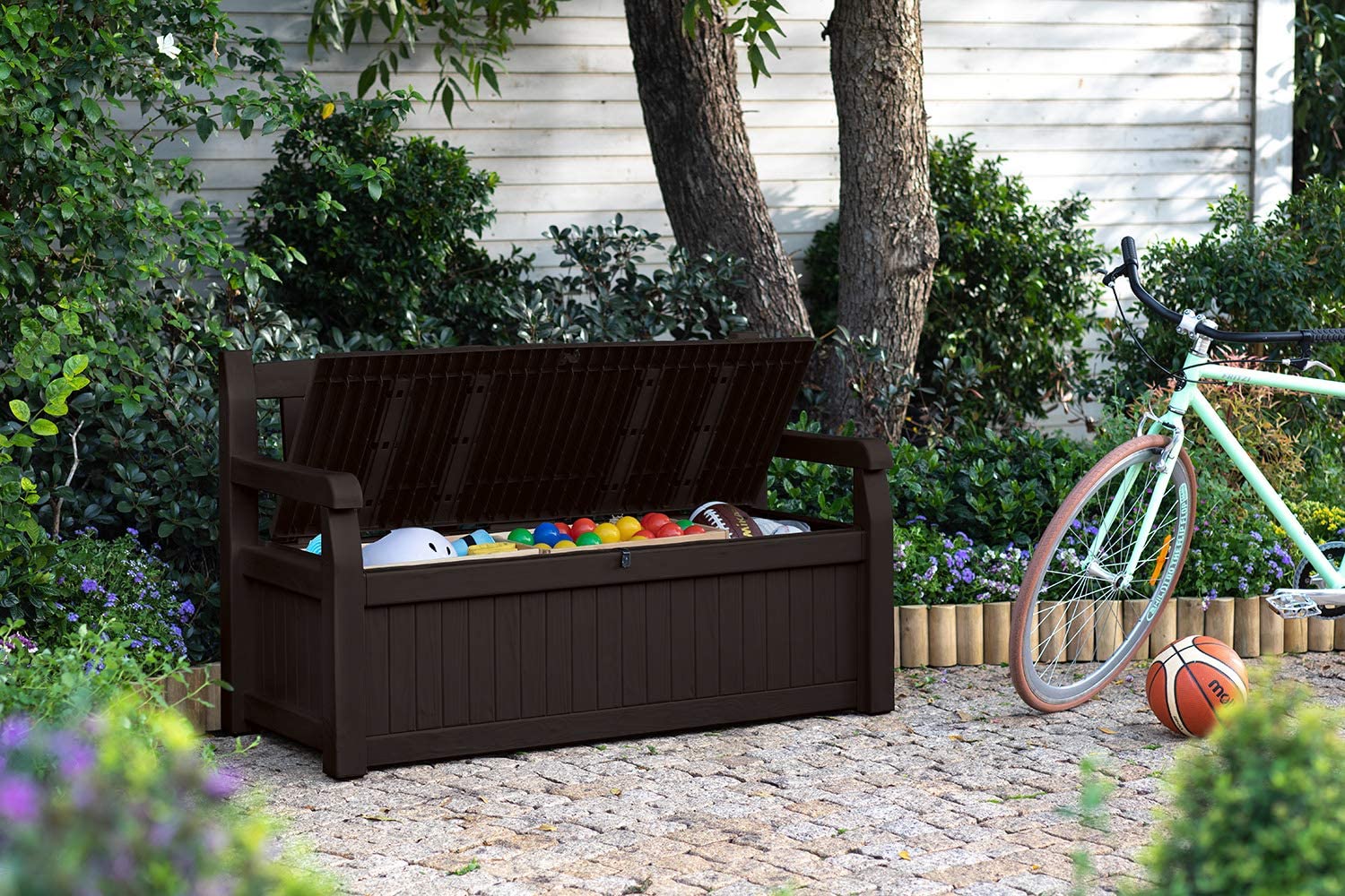 70 Gallon Storage Bench Deck Box for Patio Furniture, Front Porch Decor and Outdoor Seating  Perfect to Store Garden Tools and Pool Toys, Brown