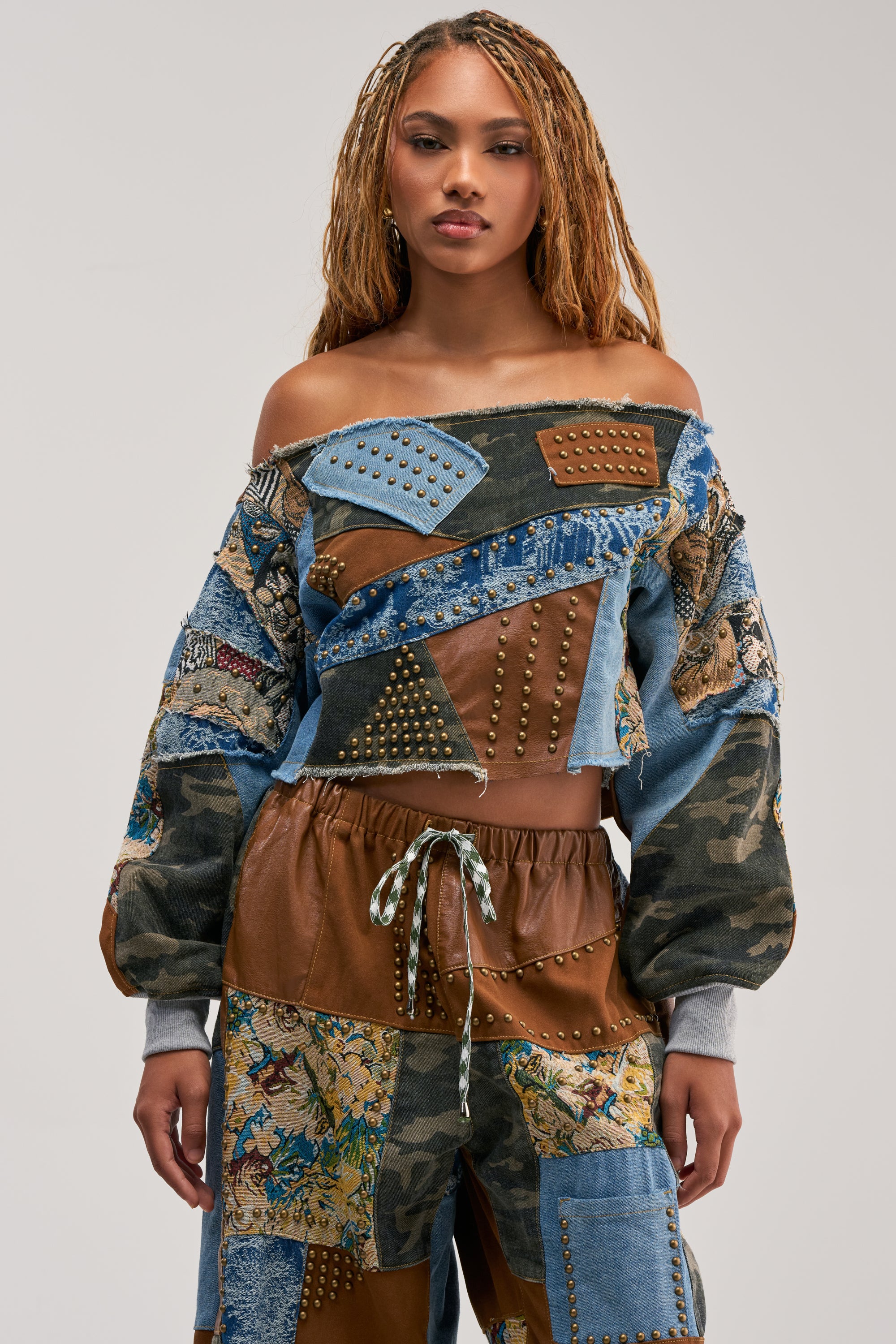 CALL ME CRAZY PATCHWORK OFF THE SHOULDER SWEATSHIRT IN BROWN MULTI - Akira Store