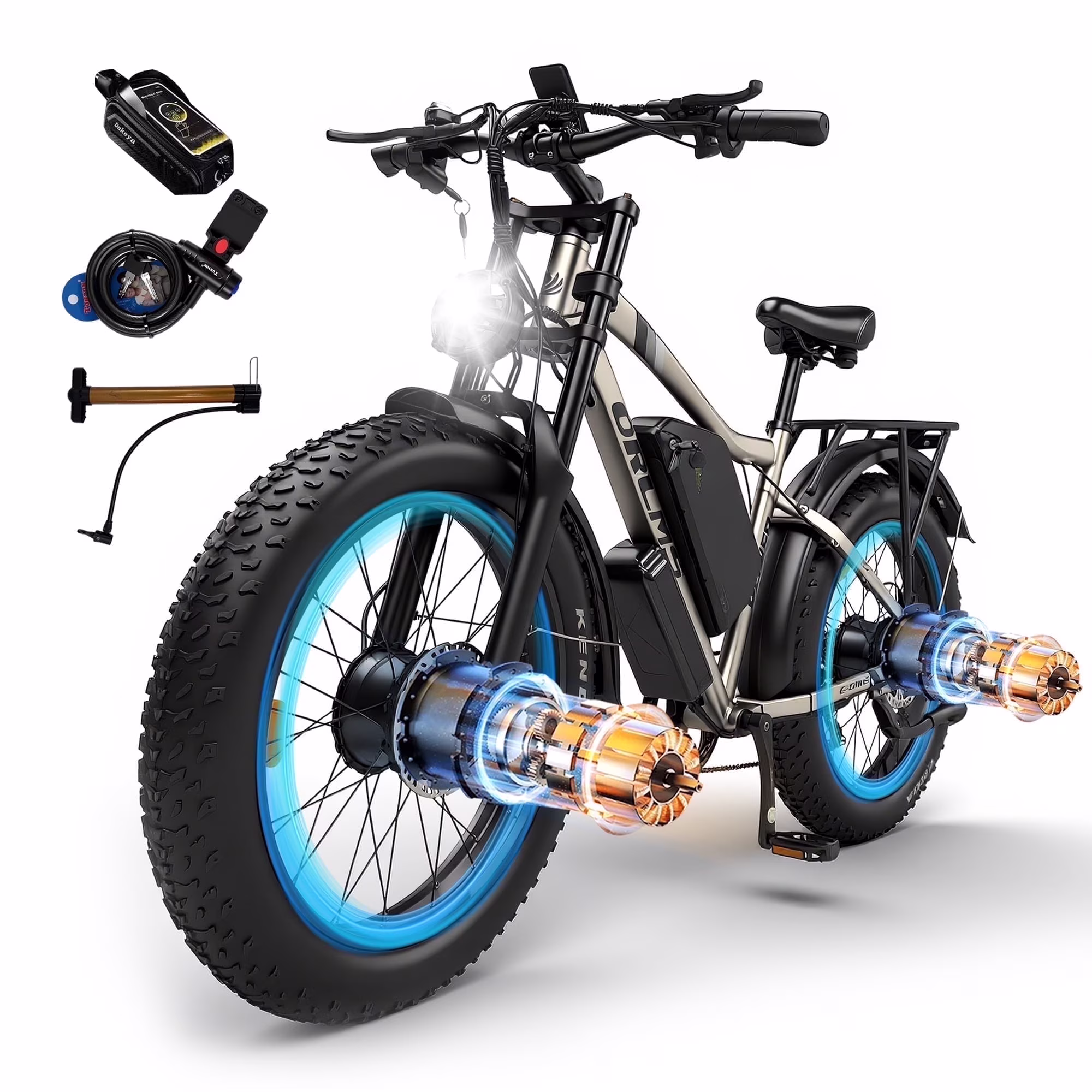 3000W Peak Dual Motor E Bike, 52V 25AH Battery Elec tric Bike for Adults, 35MPH Mountain AWD 7 Speed Snow E Bike with 24" x 4 0 Fat Tire for Mountain Snow Hunting Commuting(Gold)