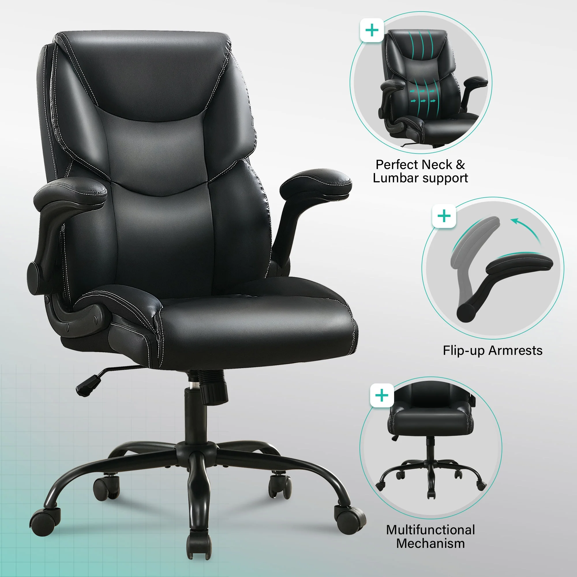 JONPONY Big and Tall Office Chair Wide Seat Ergonomic Computer Desk Chair High Back Executive Leather Chair Adjustable Task Chair Lumbar Back Support 8 Hours Heavy Duty Design, Black