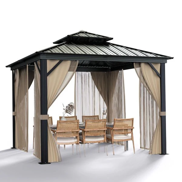 10x10 Hardtop Gazebo with double metal roof. aluminum frame. net. and curtain. All-weather. ideal for patio. deck. garden. backyard. Khaki.