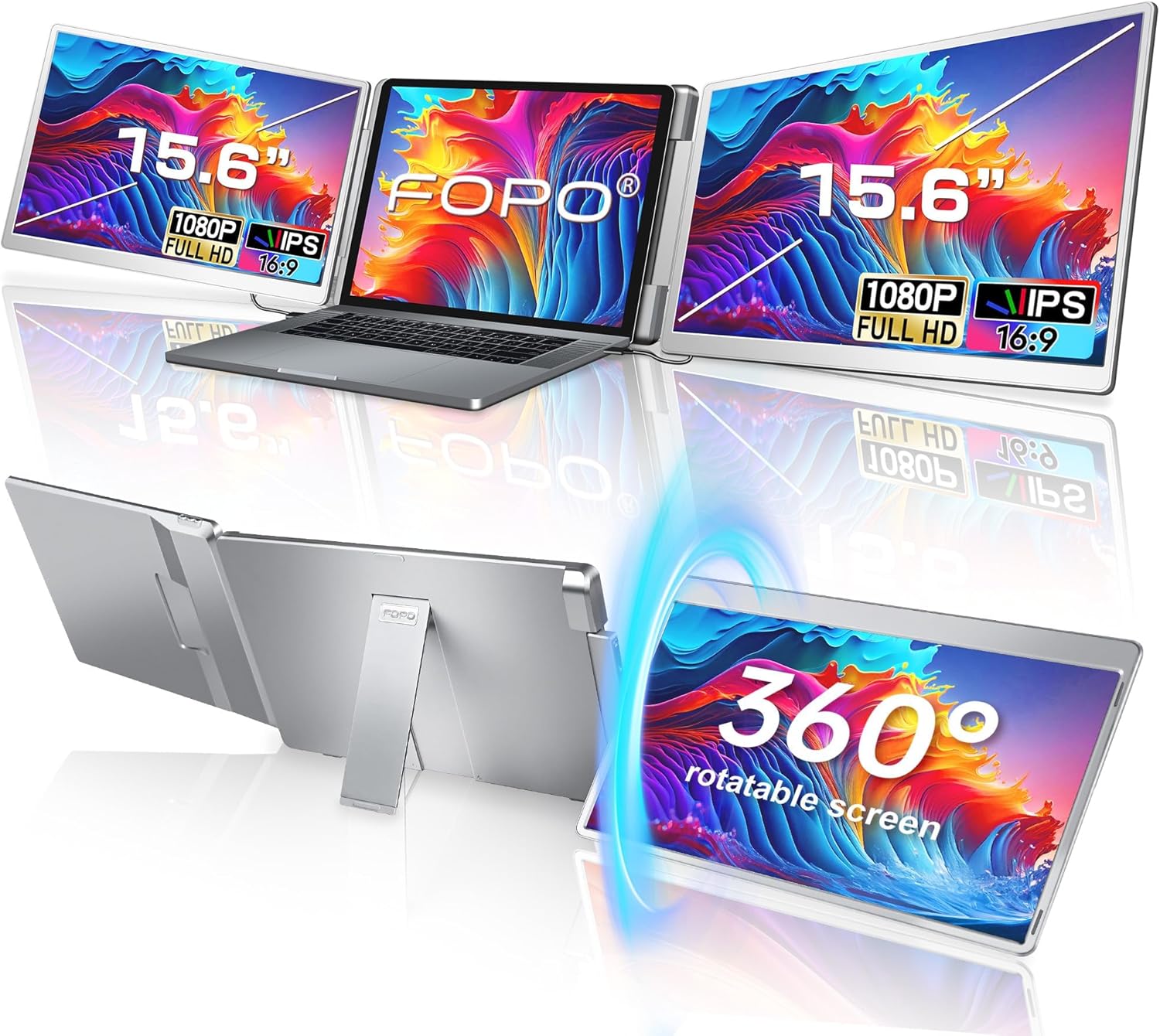 FOPO 15.6 Triple Laptop Screen Extender  Left Screen 360° Rotation Laptop Monitor Extender  Plug and Play Triplp Monitor for 13-17