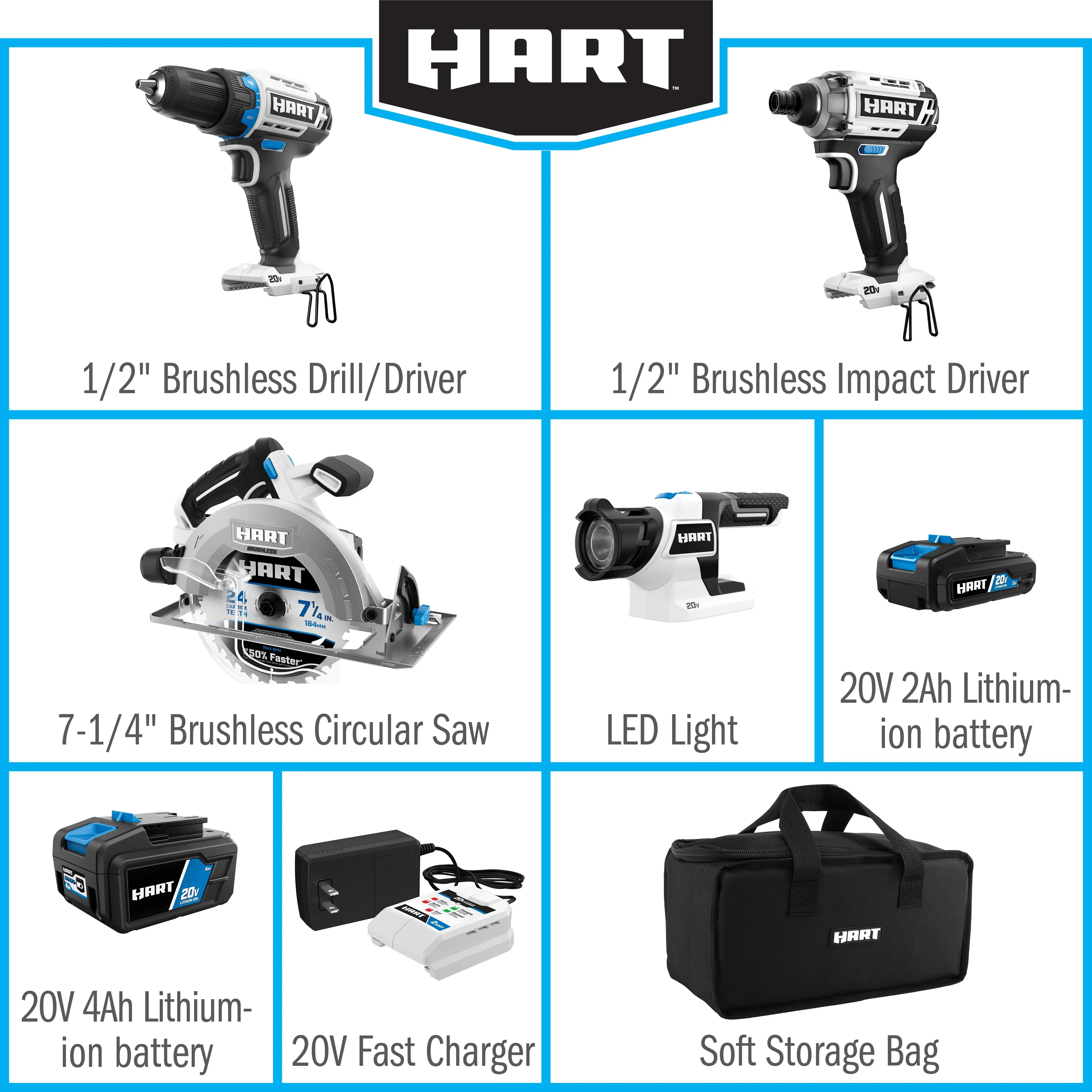 HART 20 Volts 4-Tool Brushless Combo Kit, (1) 2.0Ah and (1) 4.0Ah Lithium-Ion Battery