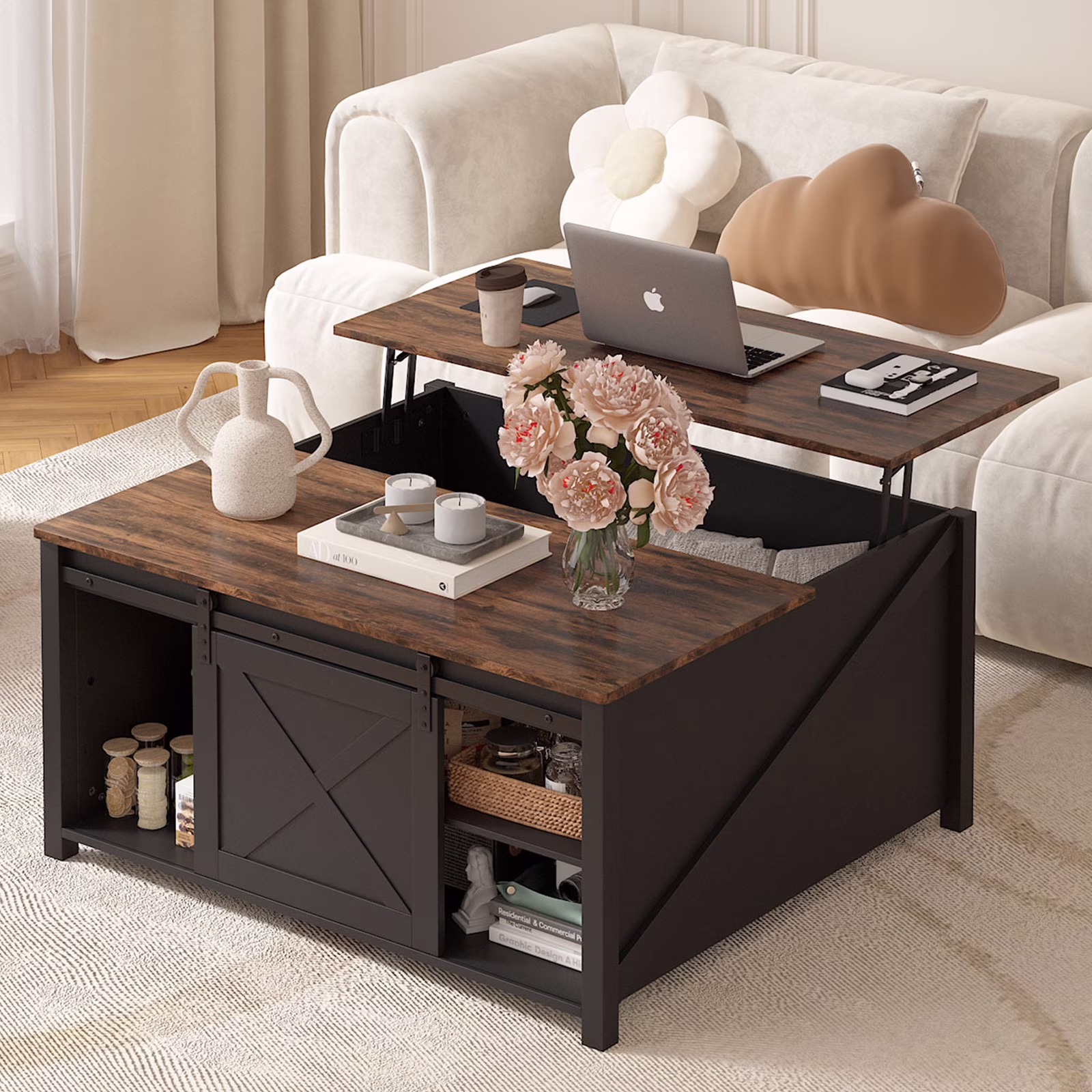 Wooden Coffee Table, Lift Top Coffee Table with Large Hidden Storage Shelf for Living Room(White) - Image 3