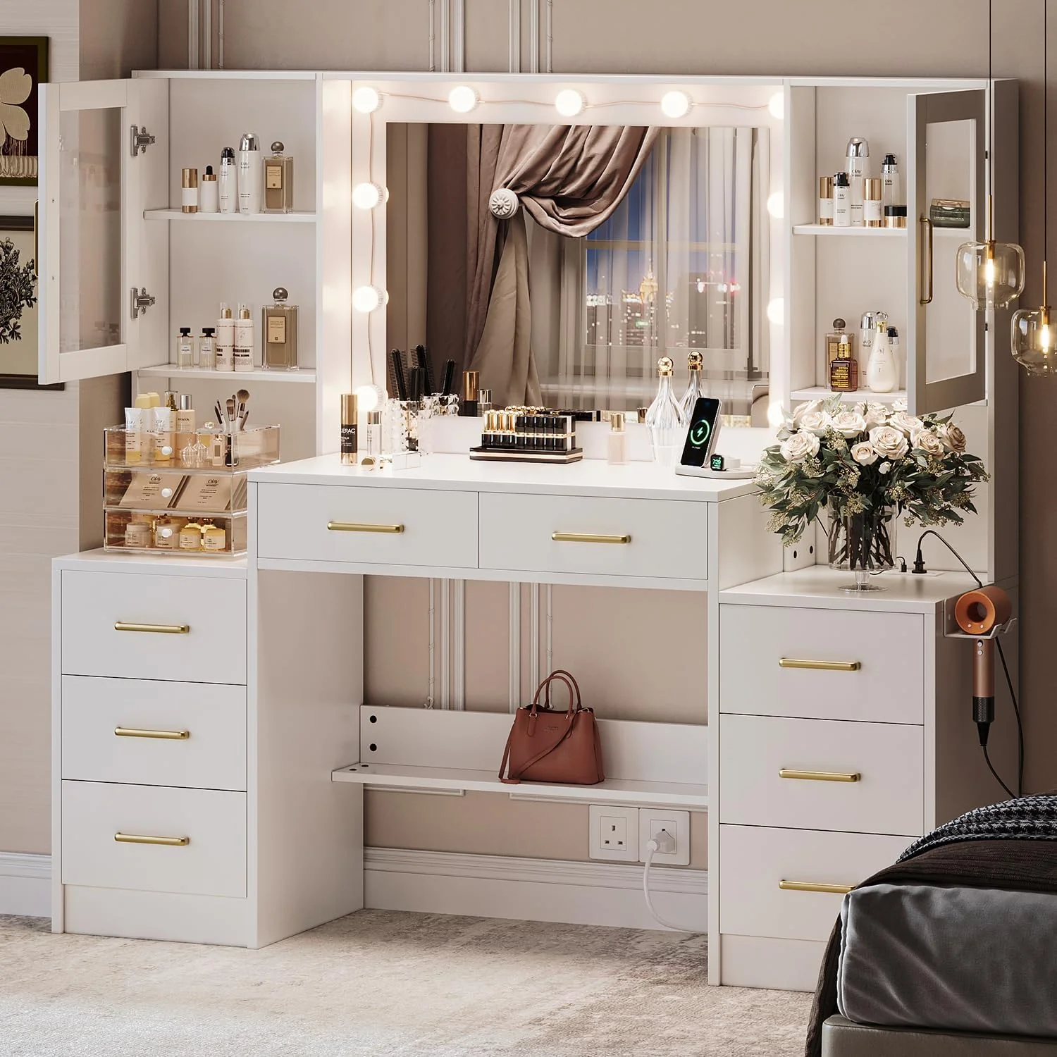 Coiffeuse noire avec miroir, éclairage et station de recharge, 148 cm (58,3 po), 3 modes d'éclairage