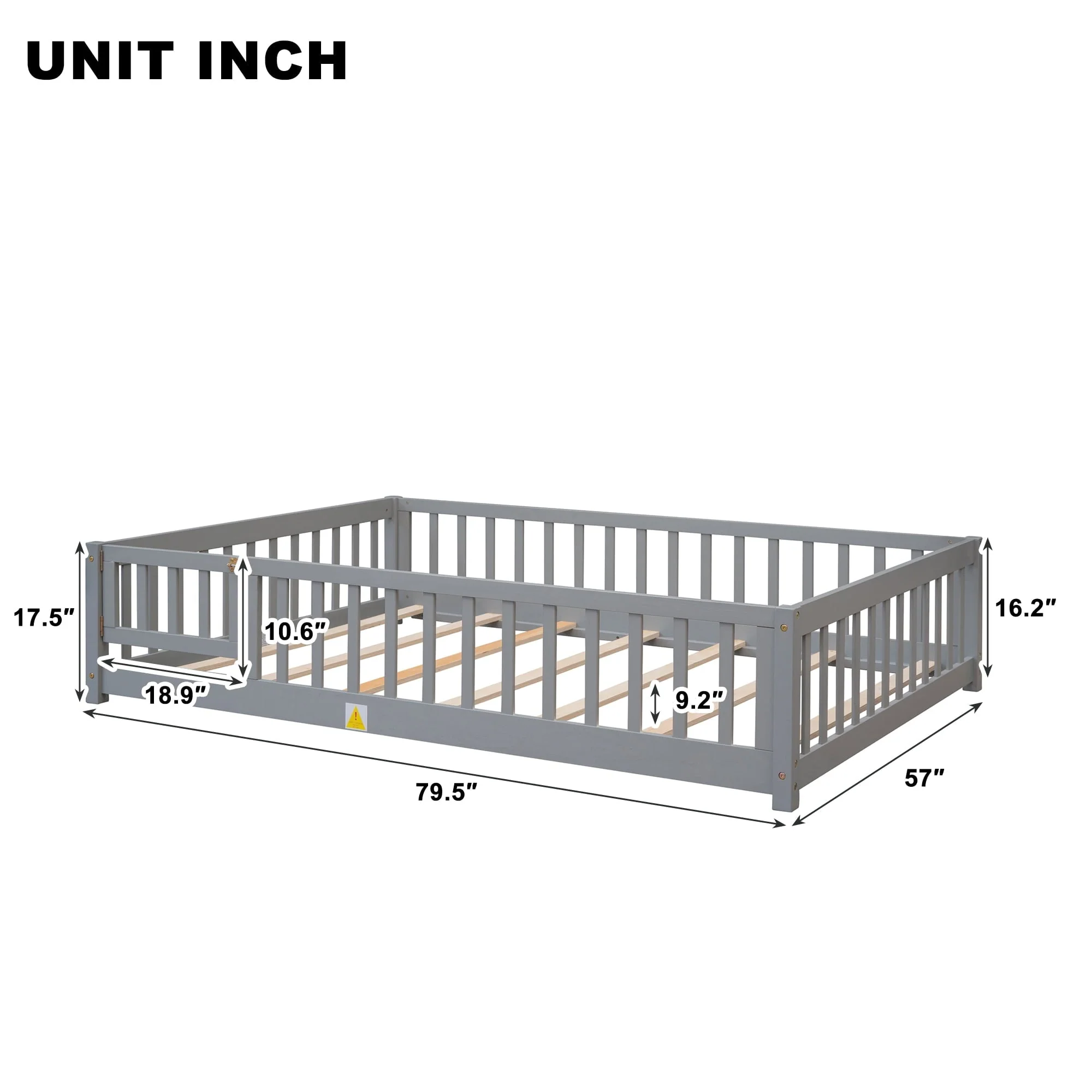 Full Size Wood Floor Bed Frame with Fence and Door for Kids, Toddlers, Gray(Twin/Gray) - Image 8