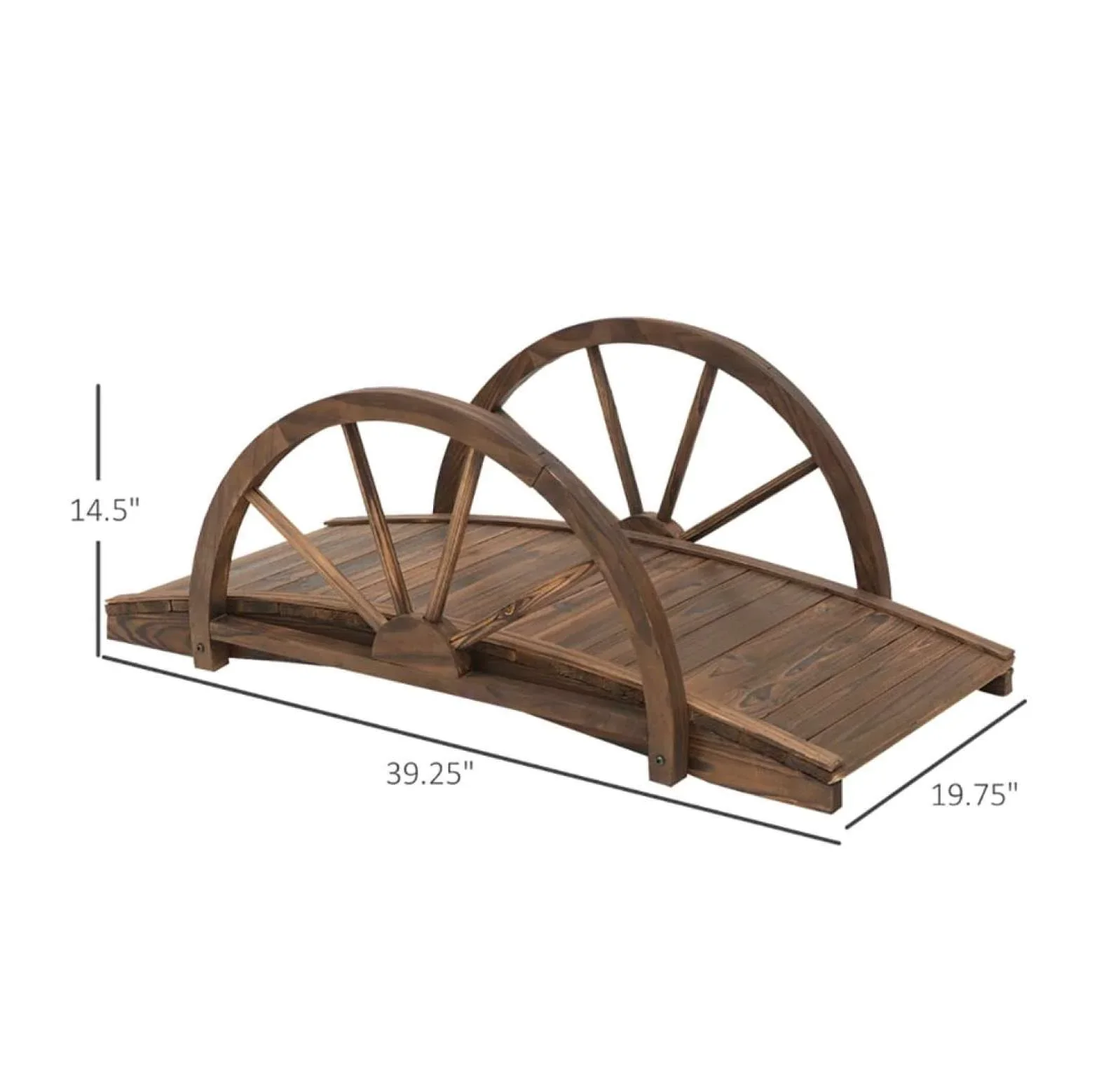 3.3ft Wooden Garden Bridge Arc Footbridge with Half-Wheel Style Railings & Solid Fir Construction, Stained Wood