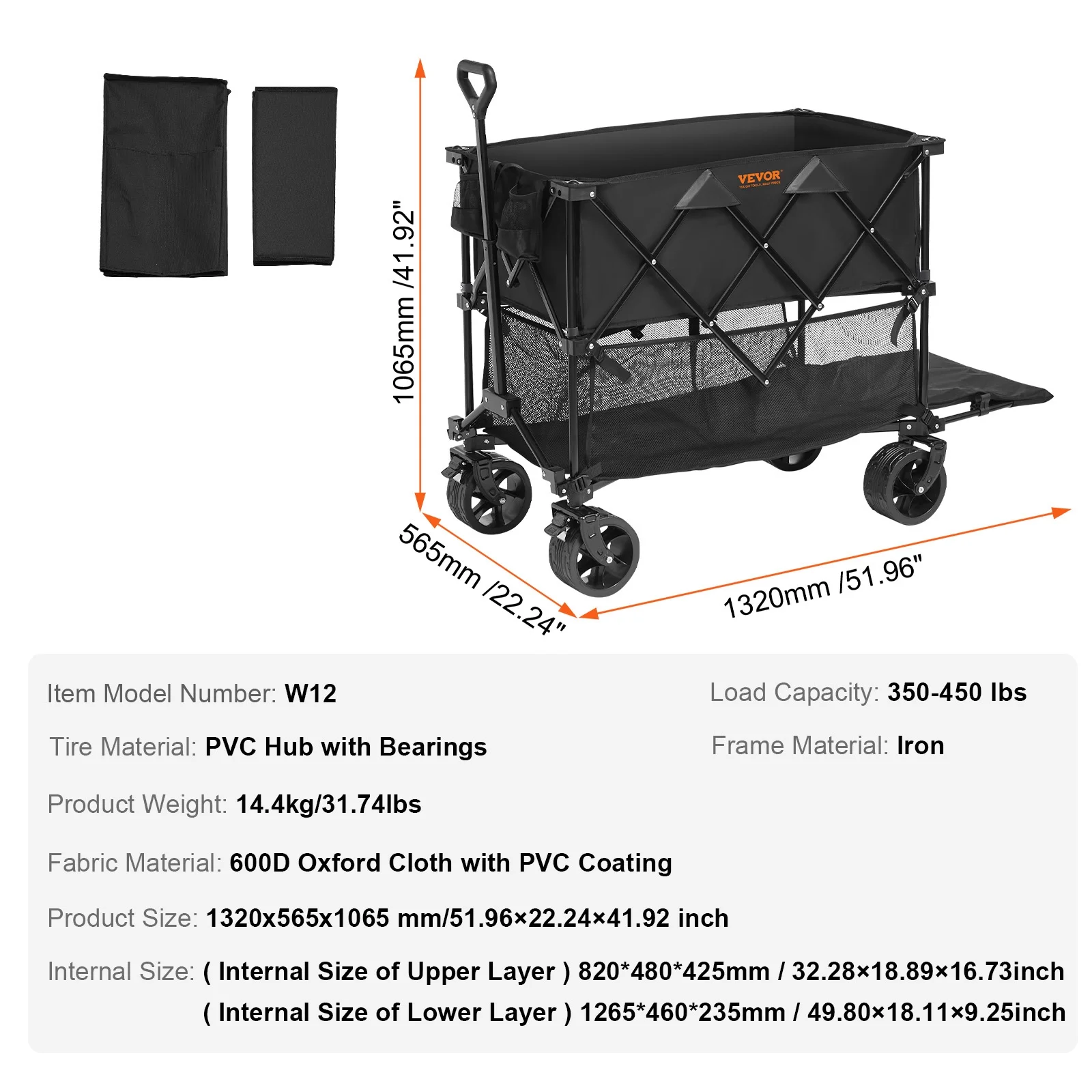 Foldable Double Decker Wagon, 400L Collapsible Wagon Cart with All-Terrain Wheels,Heavy Duty Folding Wagon Cart 350-450 lbs Weight Capacity for Camping,Shopping,Garden,52" Extra Long Extender - Image 5