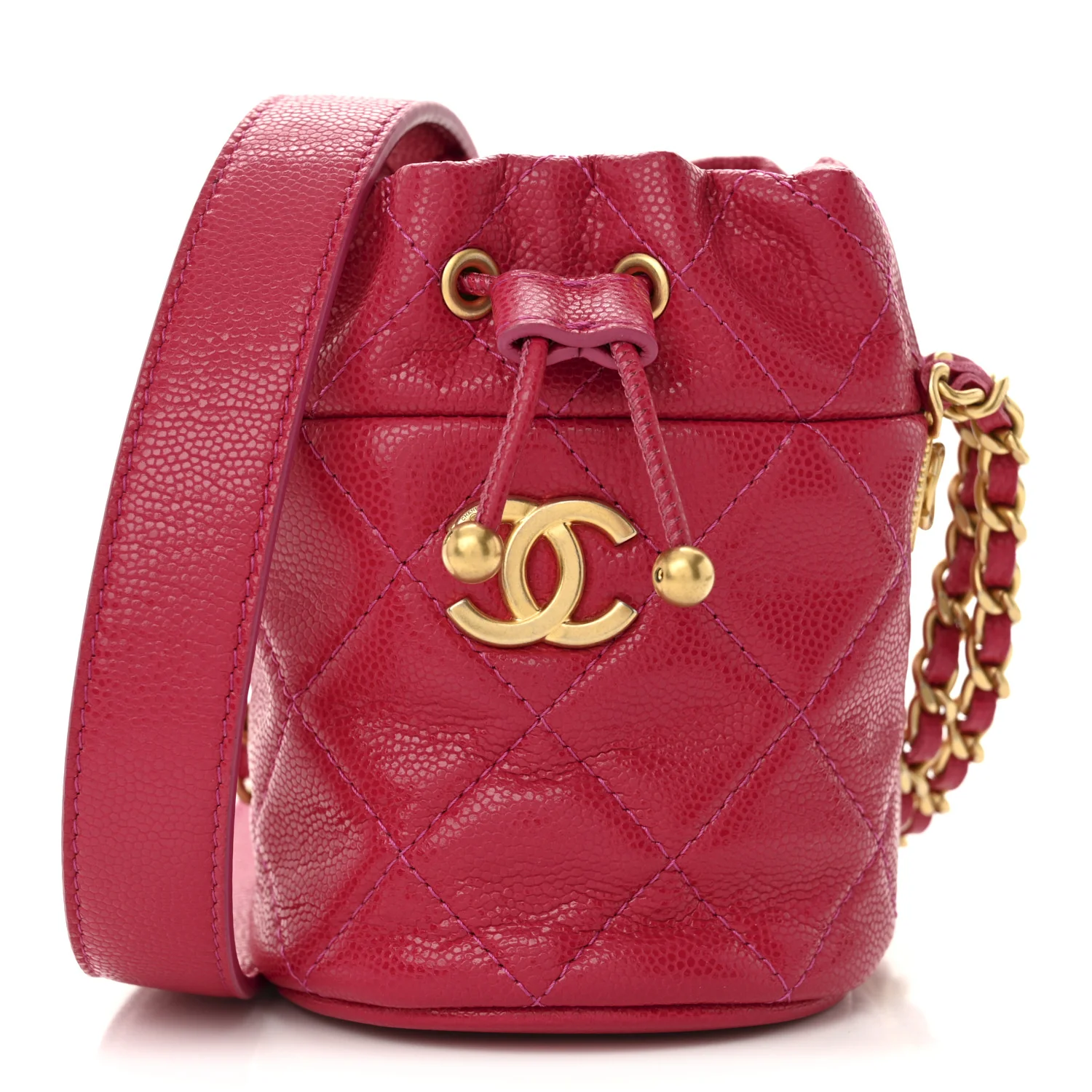 Caviar Quilted Twist Your Buttons Mini Bucket Bag Fuchsia