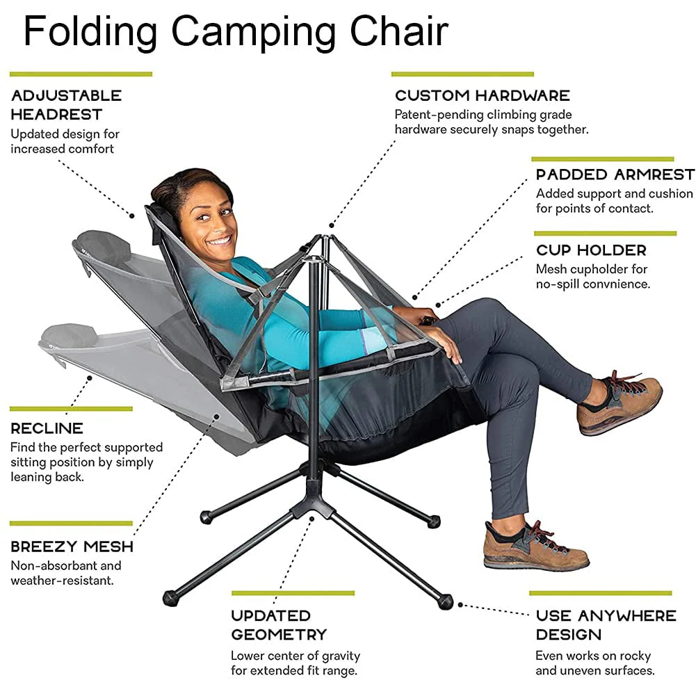 VEANERWOOD Hammock Camping Chair Folding Rocking Chair with Pocket Steel Heavy Duty Portable Camping Chair with High Back Outdoor Oversized Chair for Lawn,Backyard,Picnic,Capacity-330lbs