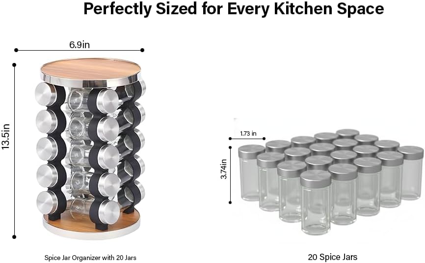 20 Jar Rotating Spice Rack, Wood & Stainless Steel Countertop