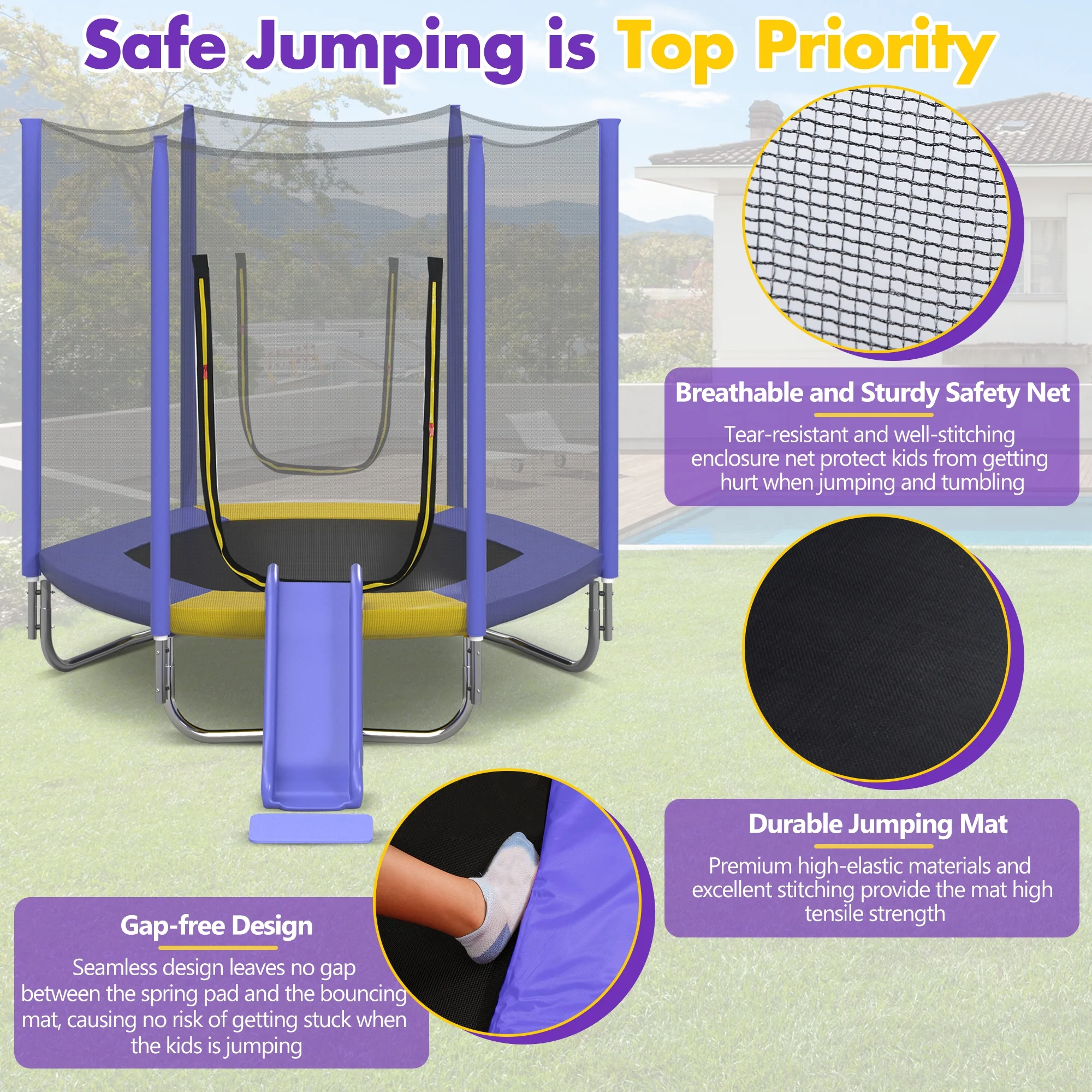 7FT Trampoline with Removable Slide, Kids Indoor Outdoor Trampoline with Enclosure Net and Ladder, Pink(Pink) Image 9