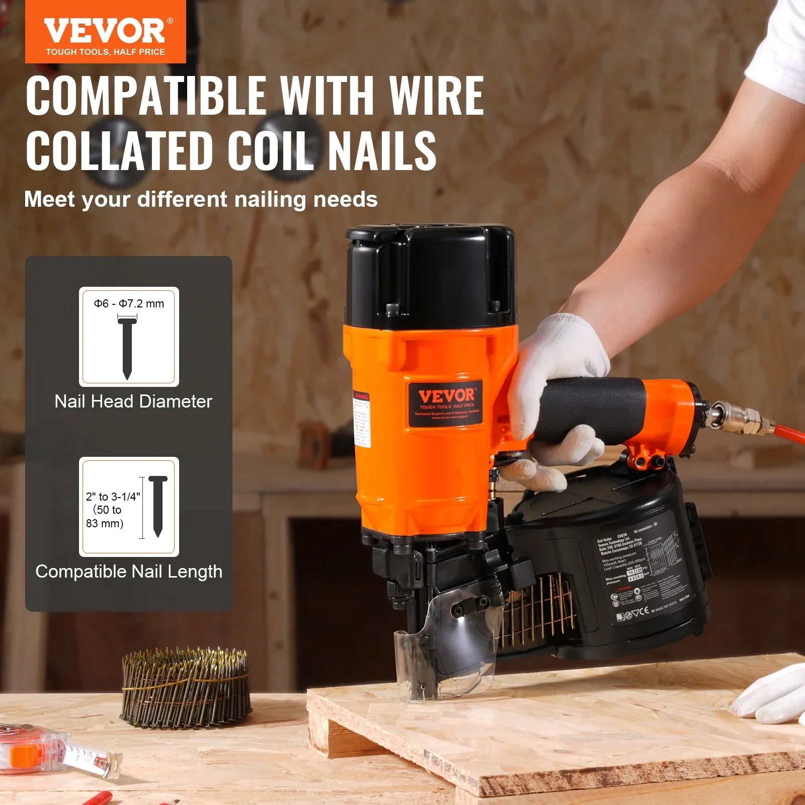 VEVOR Coil Siding/Framing Nailer CN83N, 2 to 3-1/4 15 Degree Pneumatic Siding Nail Gun with Tool-Less Depth Adjustment, 70-120PSI Air Coil Nailer for Siding Sheathing Wooding Fencing Decking