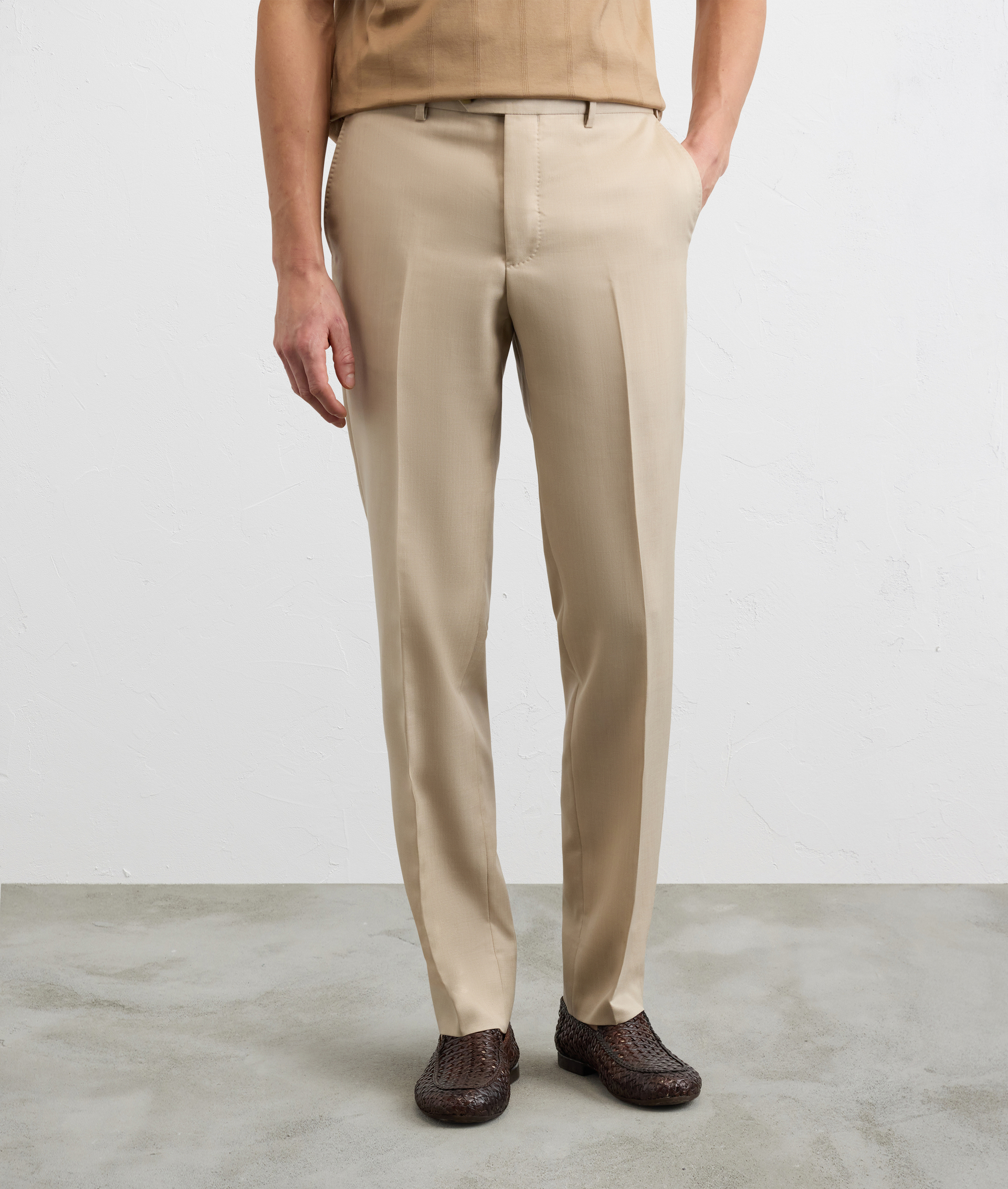 NATURAL COLORED STRETCH GABARDINE TROUSERS LYOCELL AND WOOL