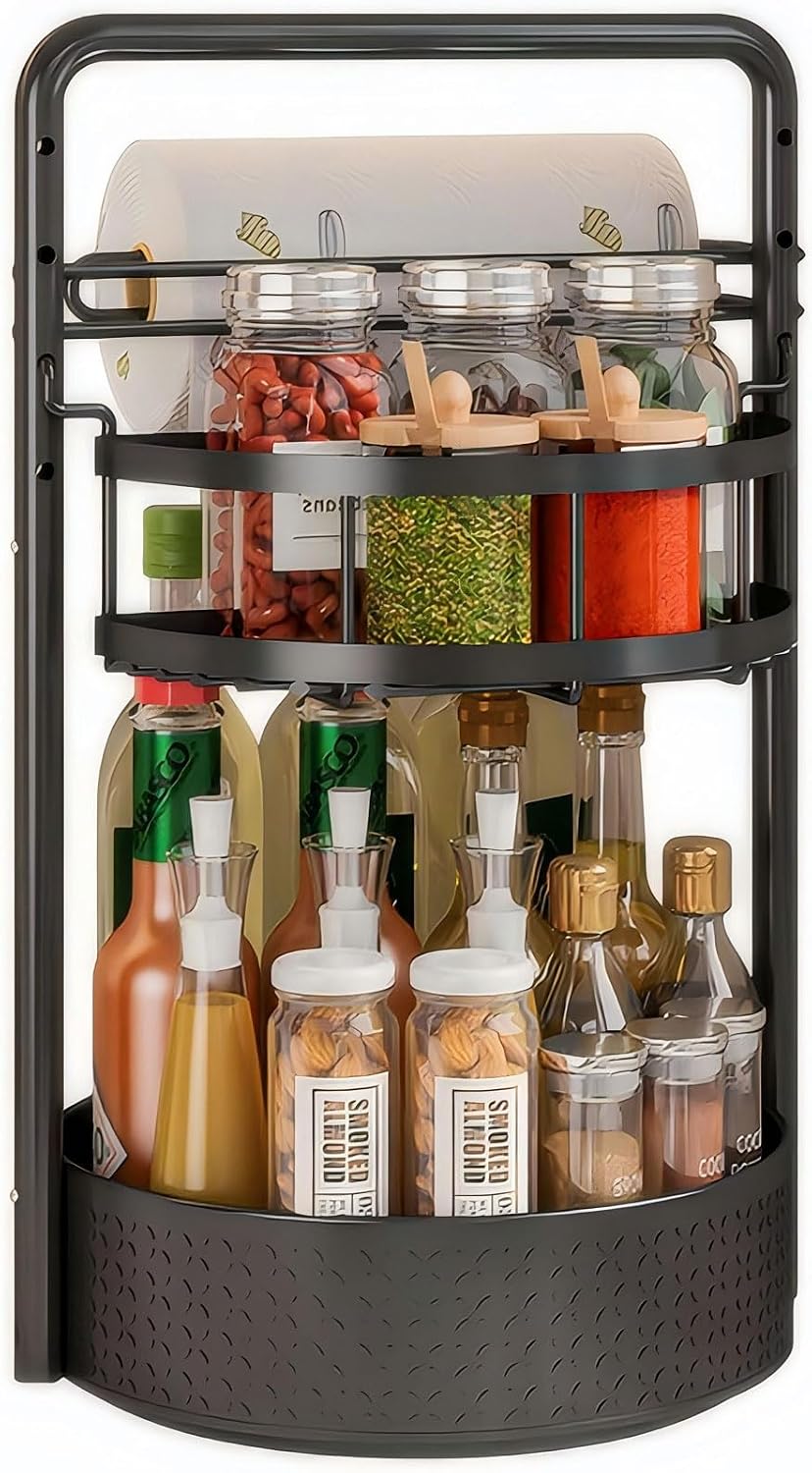 JEESA Rotating Spice Rack with Paper Towel Holder, Black