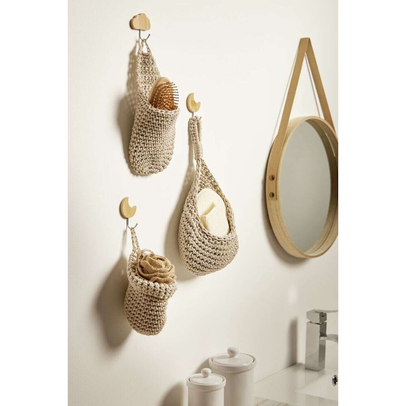 Panière rangement salle de bain à suspendre effet bouclette marron Ø13xH11cm