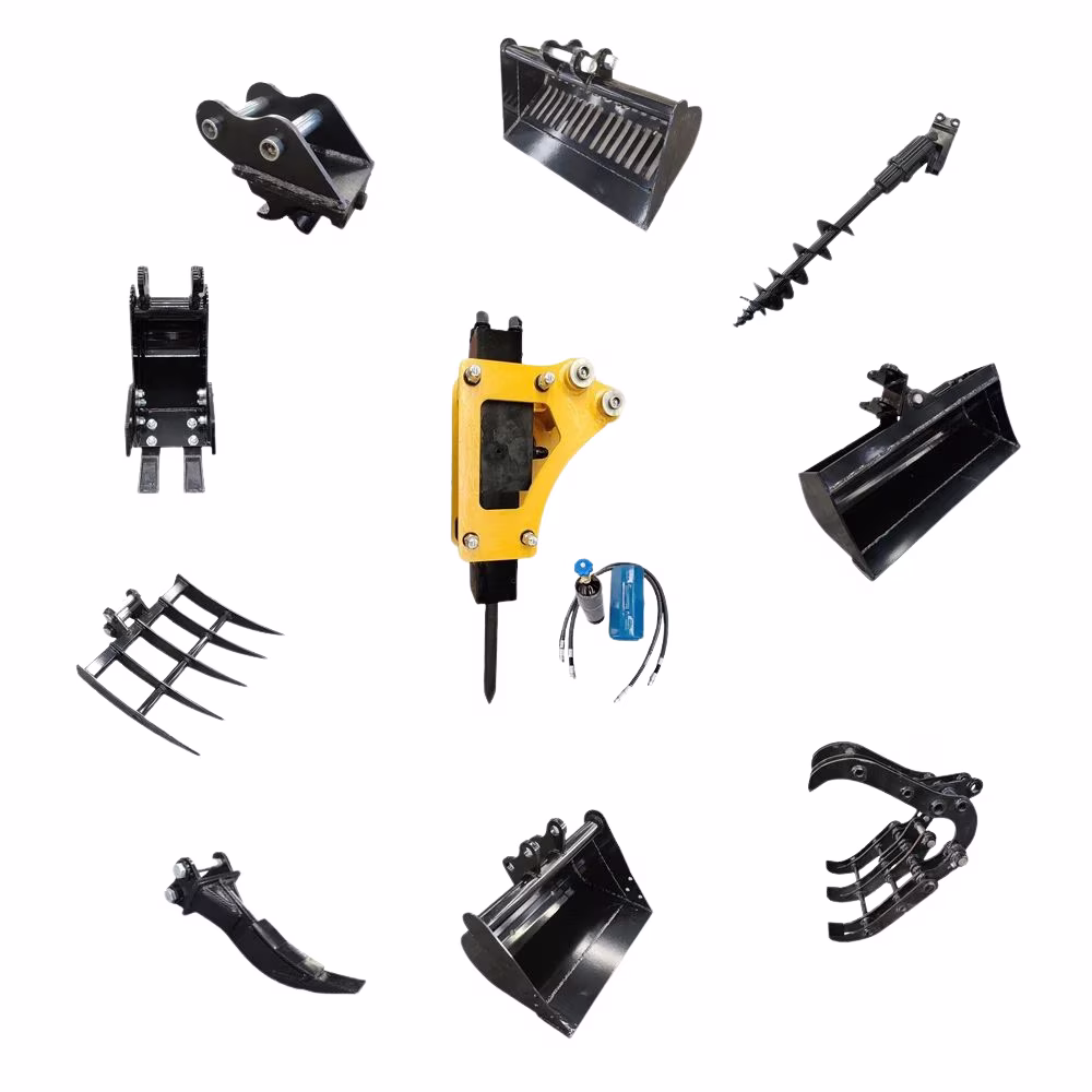 10 in 1 Mini Excavator Attachment Bundle �C Quick Coupler, Buckets, Rake, Ripper, Auger, Grapple, Tilt Bucket Hydraulic Hammer �C Fits 0 6�C2 Ton Excavators, Heavy Duty Tools Kit