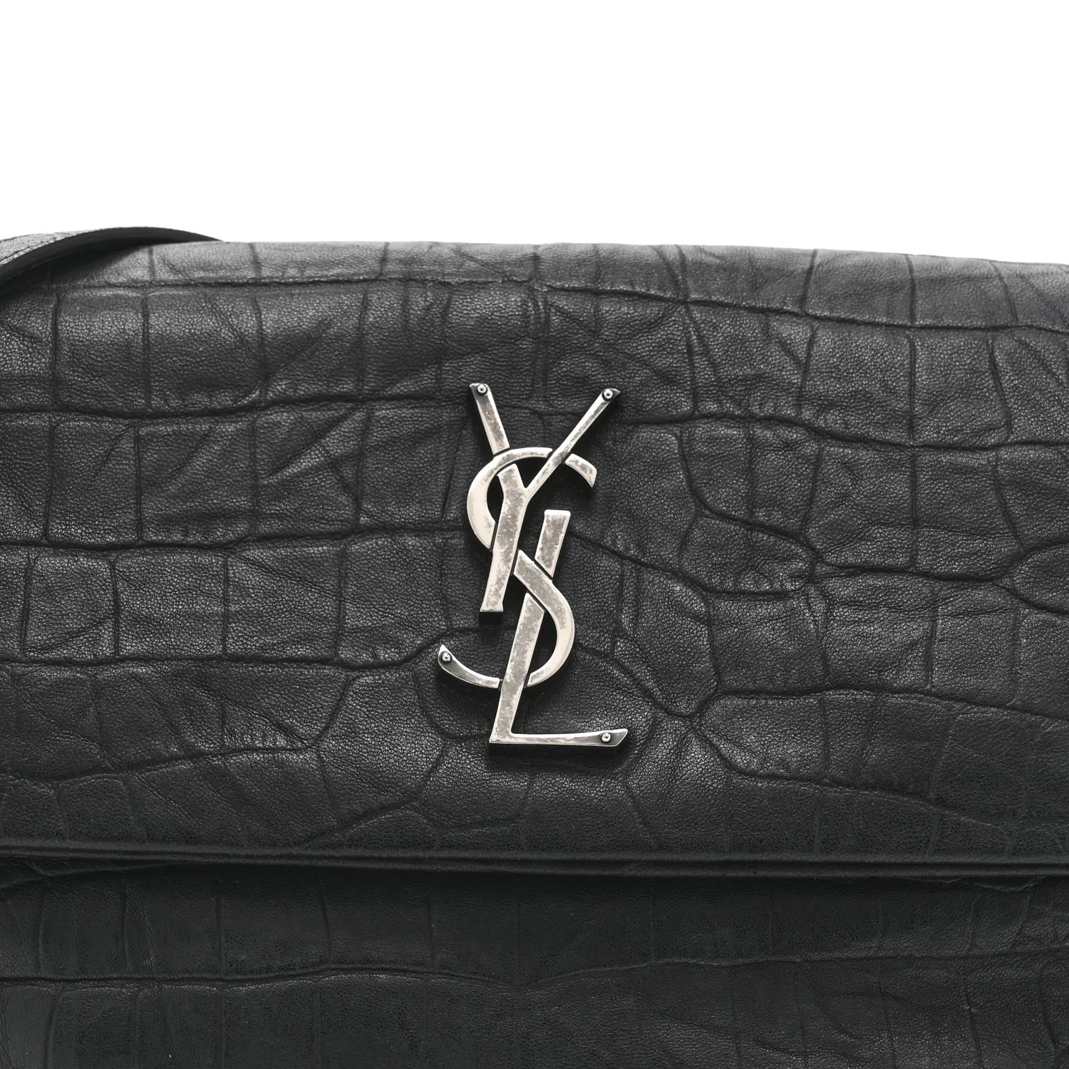 Calfskin Crocodile Embossed Medium West Hollywood Monogram Fold-Over Black