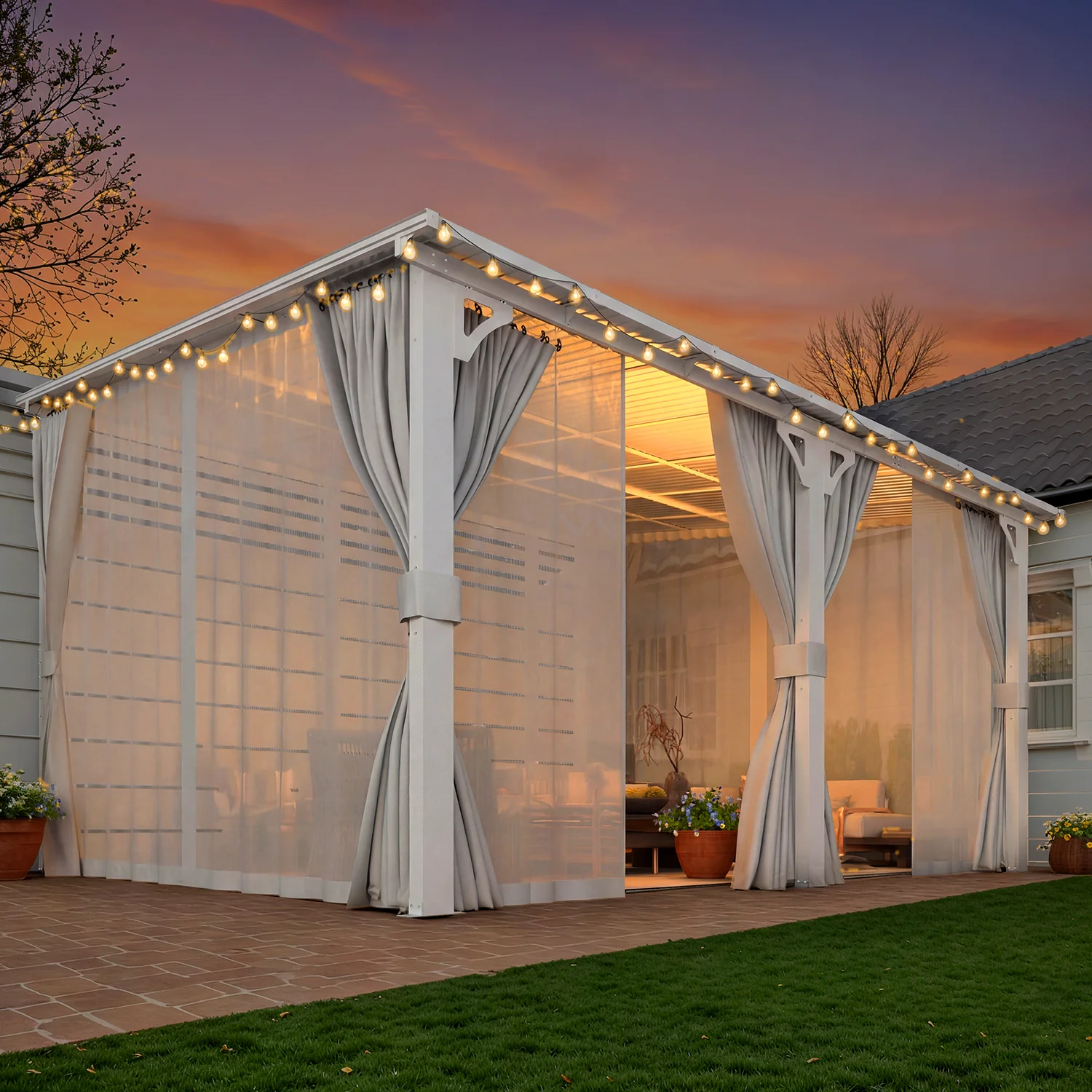 AECOJOY 14'x12' Wall Gazebo with Curtains and Mosquito Netting, White