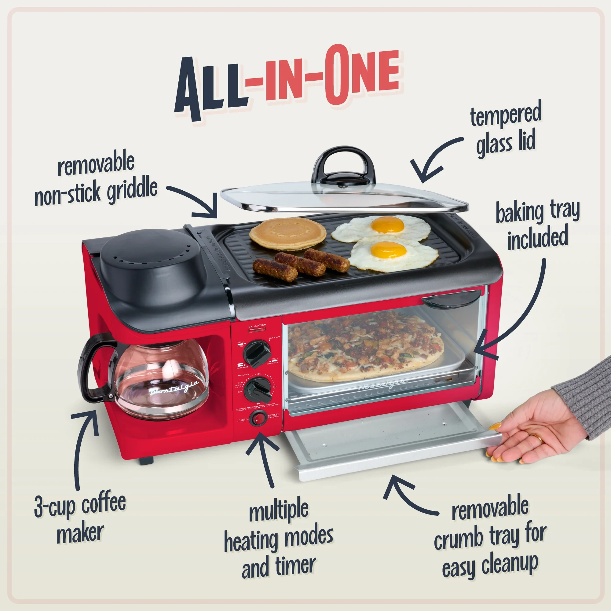 BST3RR Retro 3 in 1 Family Size Electric Breakfast Station, Coffeemaker, Griddle, Toaster Oven Retro Red(Retro Red) Image 6
