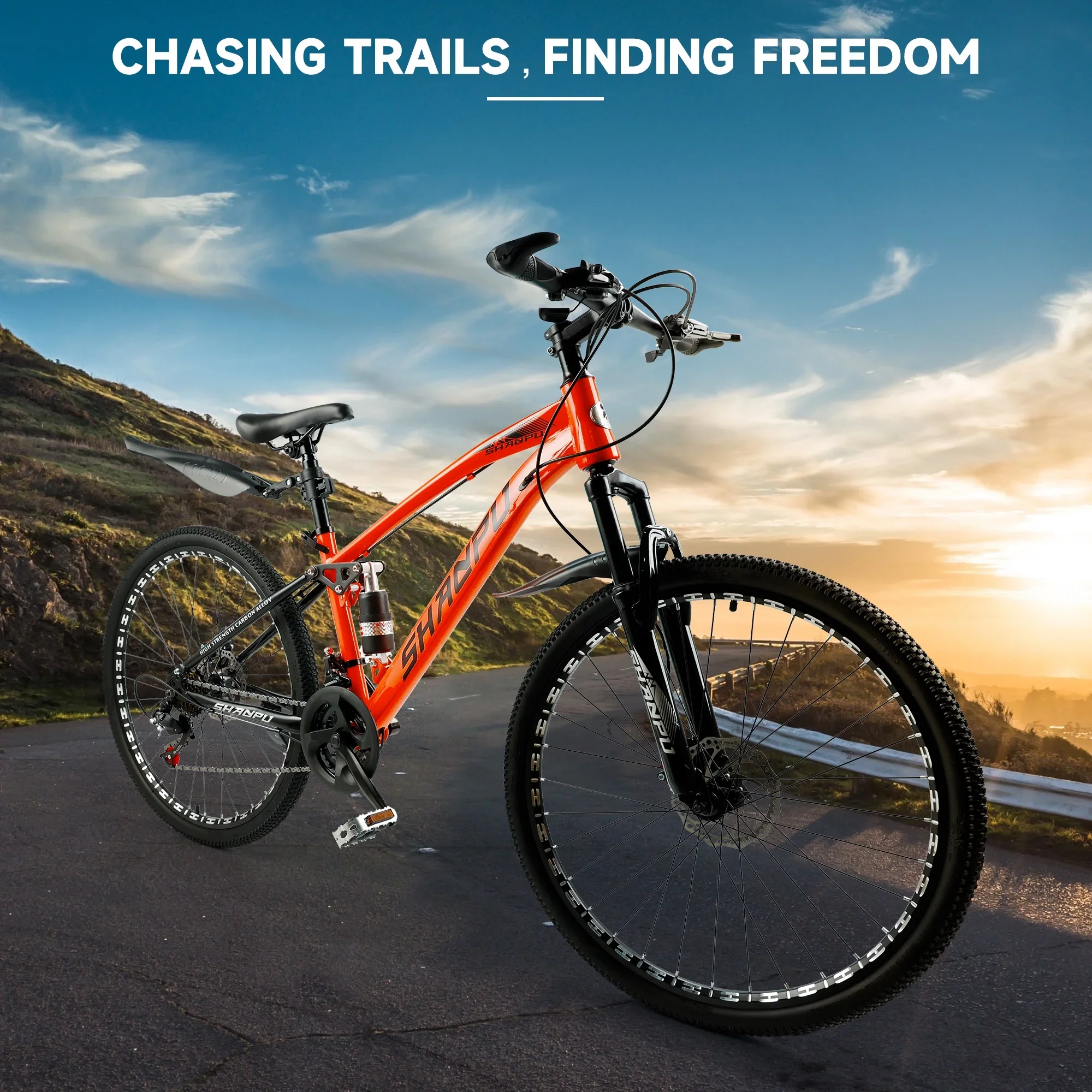 ARTUDATECH 26 Inch Wheel Full Suspension Mens Mountain Bike, Shimano 21 Speed,  Dual Disc Brake Bike for Men Womens Adult Bicycle With Bike Lock And Air Pump, orange