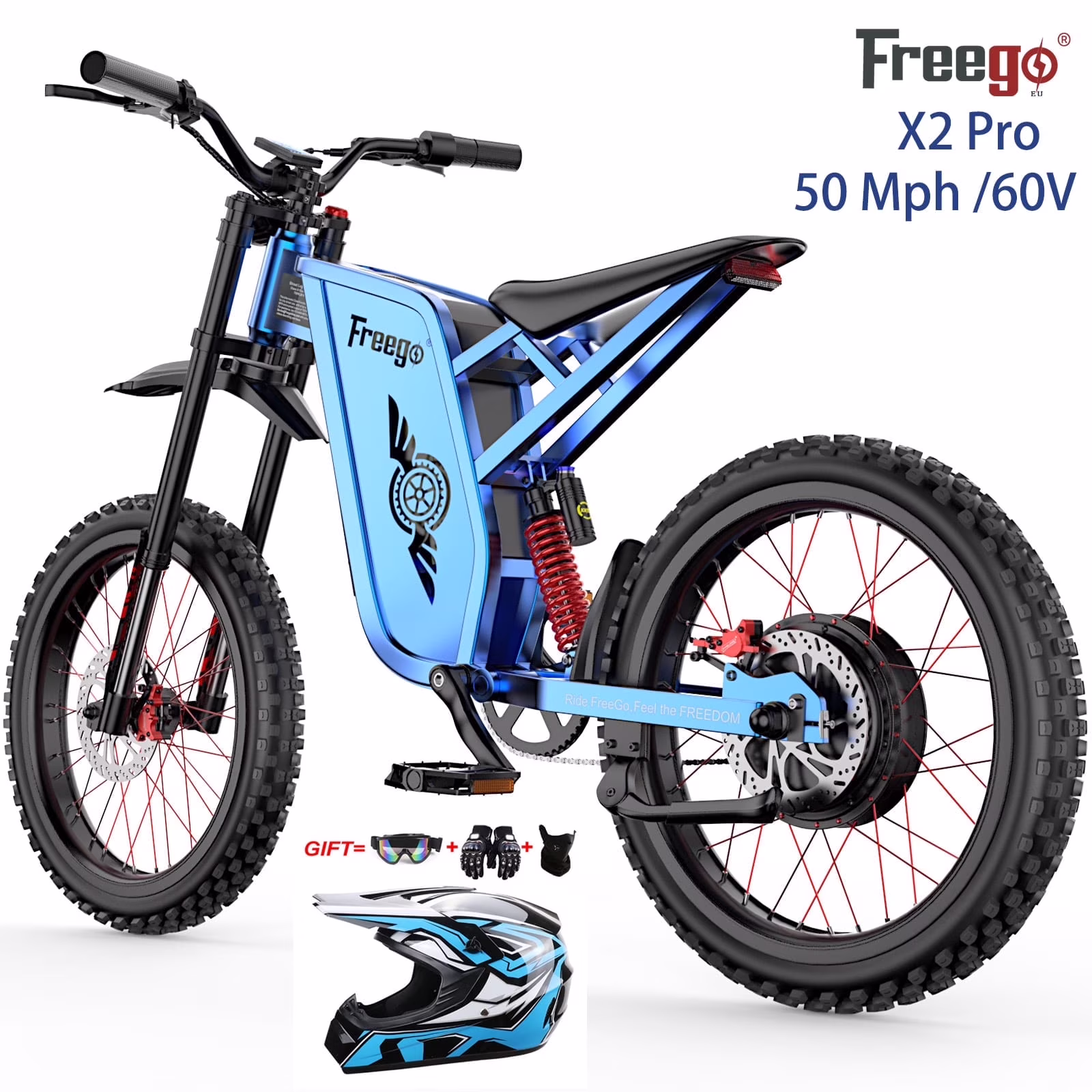 50MPH Electric Dirt Bicycle X2 Pro,6000W(Peak)Motor Electric Motorcycle, Electric Bike for Adults, 60V30AH Battery, 19x2 Tire Full Suspension Hydraulic Brake Half Throttle UL2849(Blue 30AH)