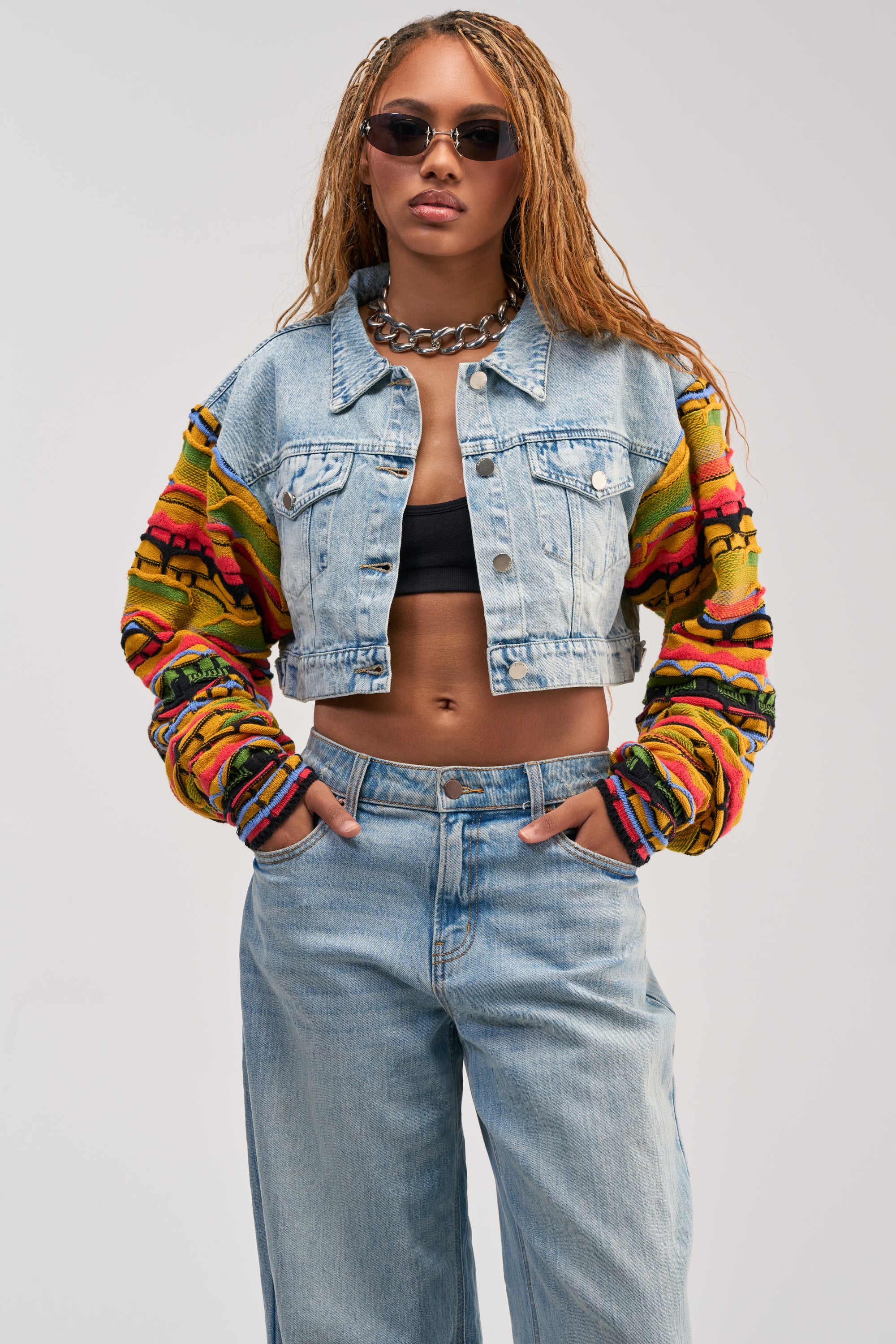 THROWBACK KNIT SLEEVE DENIM JACKET - Akira Store