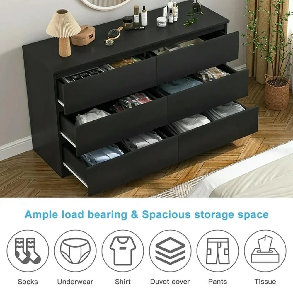 Modern 6 Drawer Dresser Wood Cabinet,Dresser for Bedroom, Kitchen Storage Cabinet with Drawers, Chest of Drawers(Black)(Black(6 Drawers)) - Image 6