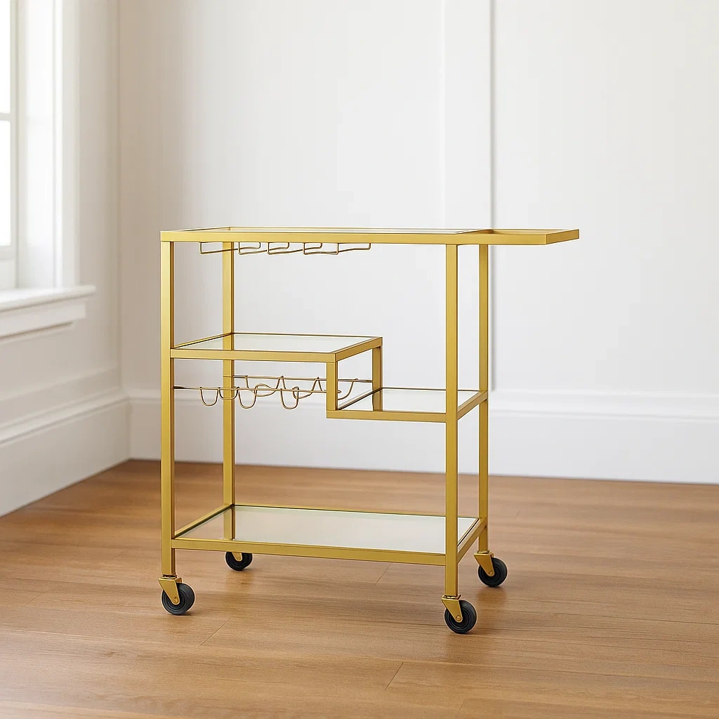 Barvogn, guld, metal og glas, til spisestue, 102x41x94cm