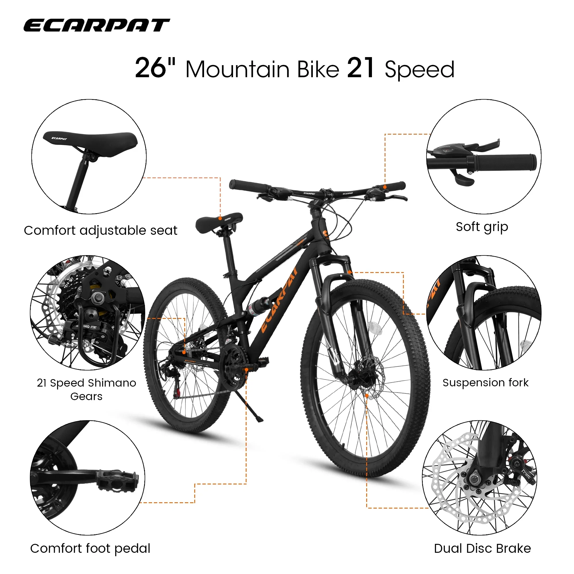 POVANLI  26 Inch Mountain Bike Adult Full Shimano 21 Speed Mountain Bike, Dual Disc Brake, Aluminum Frame Disc Brake, Front Suspension, Mountain biking for both men and women, Black (Gift)