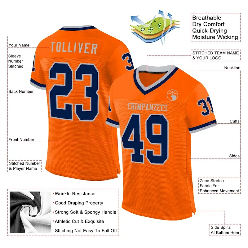 Custom Orange Navy-Gray Mesh Authentic Throwback rugby jersey