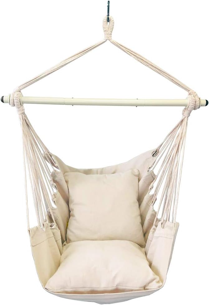 Fauteuil suspendu Highwild avec corde - Charge maximale : 227 kg - 2 coussins inclus - Barre d'écartement en acier avec anneaux antidérapants - Convient à tous les espaces intérieurs et extérieurs