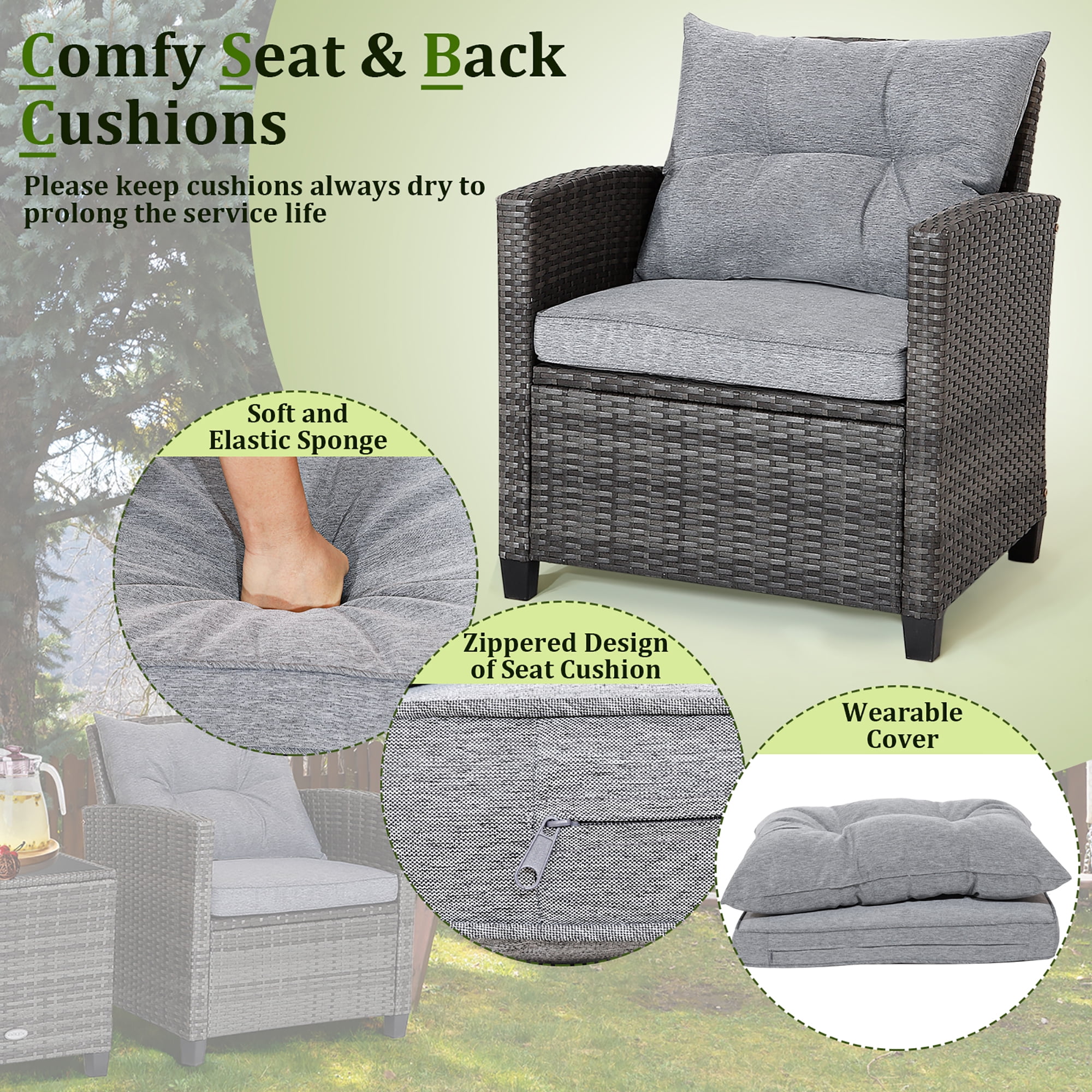 3PCS Patio Rattan Sofa Set Outdoor Wicker Conversation Set Glass Tabletop w/ Grey Cushion - Image 5