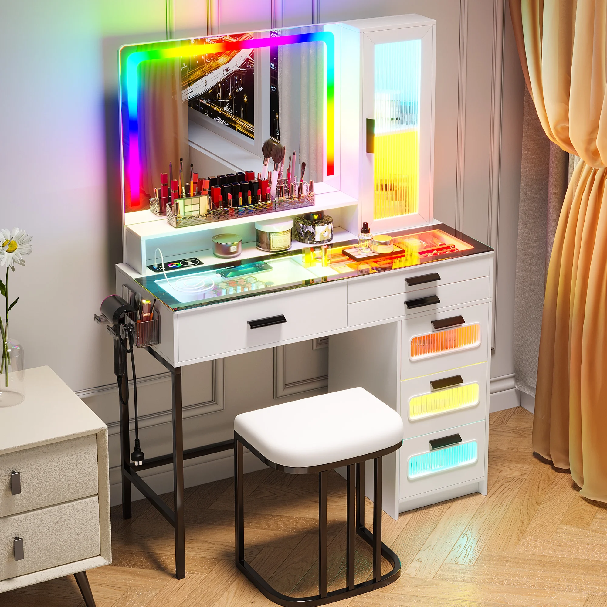 Vanity Desk with Mirror and RGB Lights, Glass Top Makeup Vanity with Auto Sensor Lights and Wireless Charging, Vanity Table Set with Cushion Stool, Dressing Table with 6 Drawers (White)(White) - Image 4