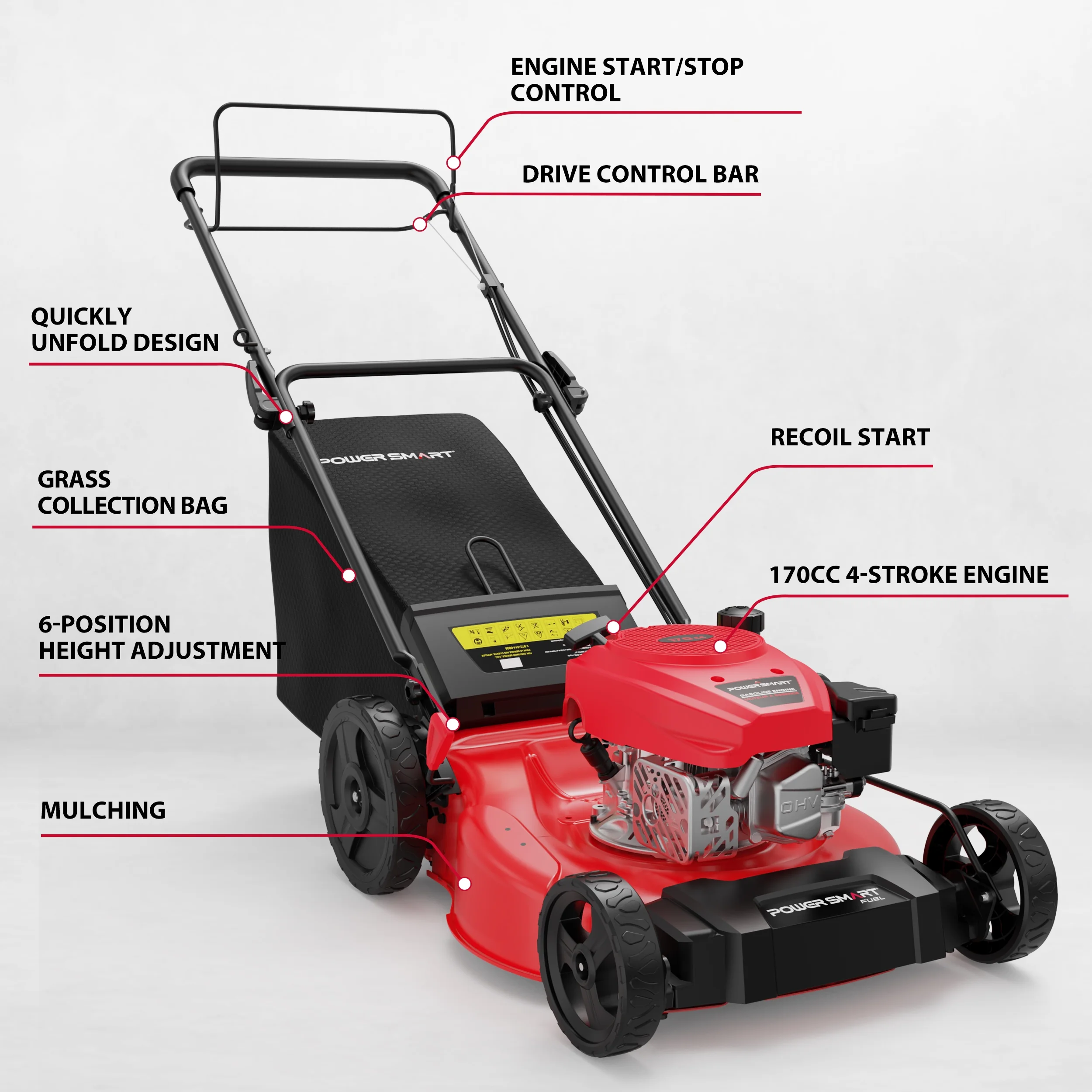 21" 170CC Self-Propelled Gas Lawn Mower, with 10" rear wheels(21 in) - Image 8