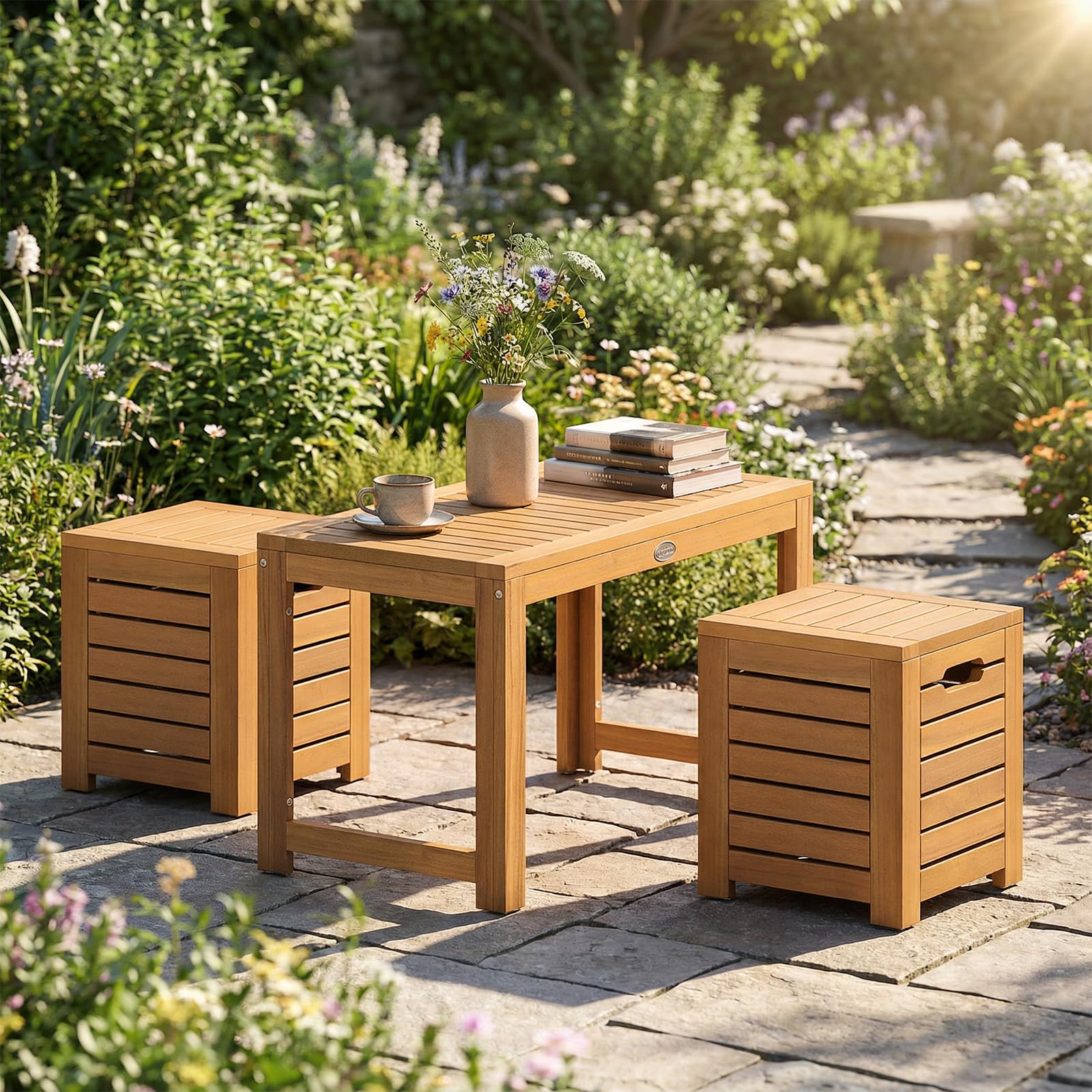 Tangkula Acacia Wood Outdoor Coffee Table with Stools Set of 2