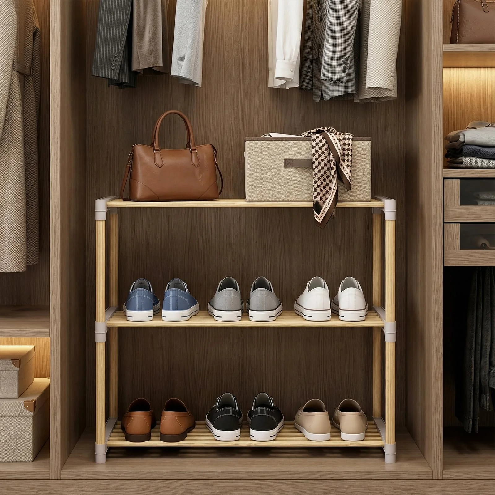 Tangkula 3-Tier Solid Wood Shoe Rack
