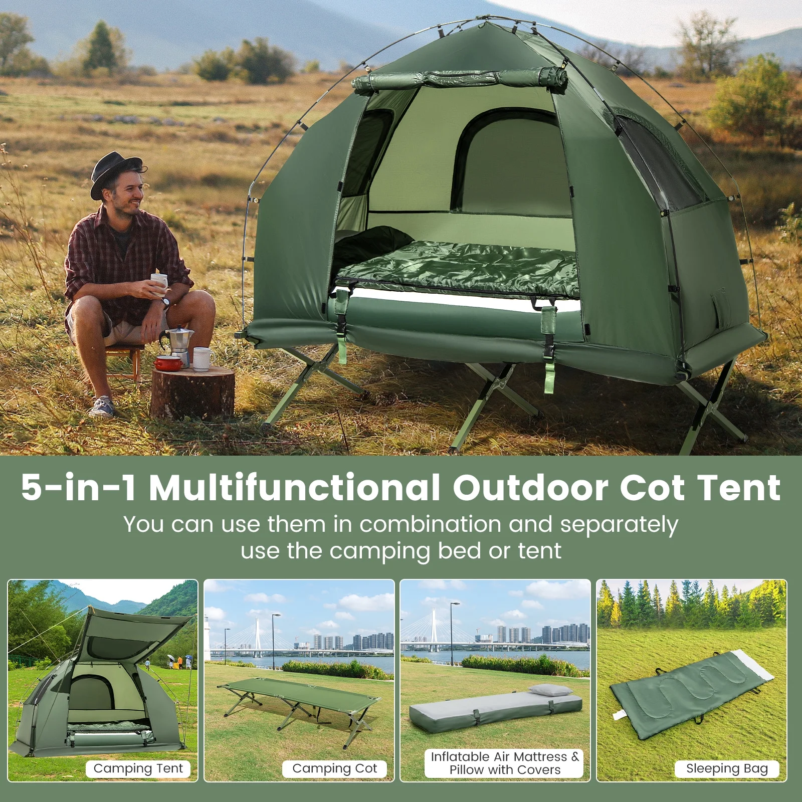 1-Person Waterproof Camping Tent Cot with Air Mattress, Pillow, Sleeping Bag - Image 5