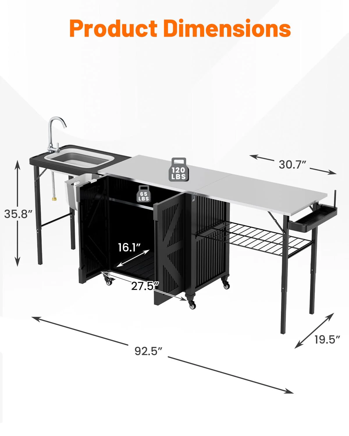 AECOJOY Outdoor Grill Cart Table with Sink, Portable Folding Kitchen Island with Storage Cabinet