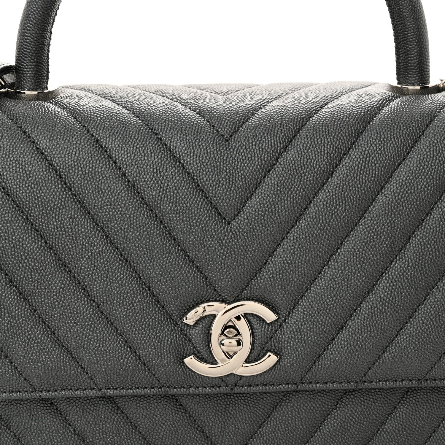 Metallic Caviar Chevron Quilted Small Coco Handle Flap Dark Silver