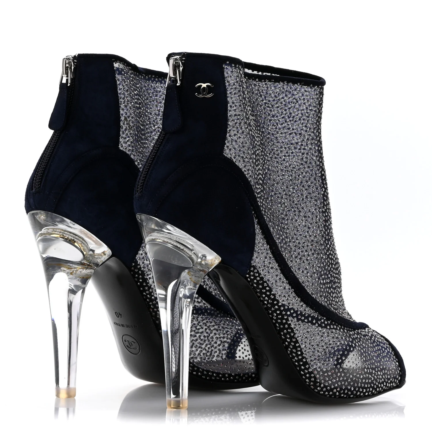 Mesh Crystal Open Toe Ankle Boots 40 Navy