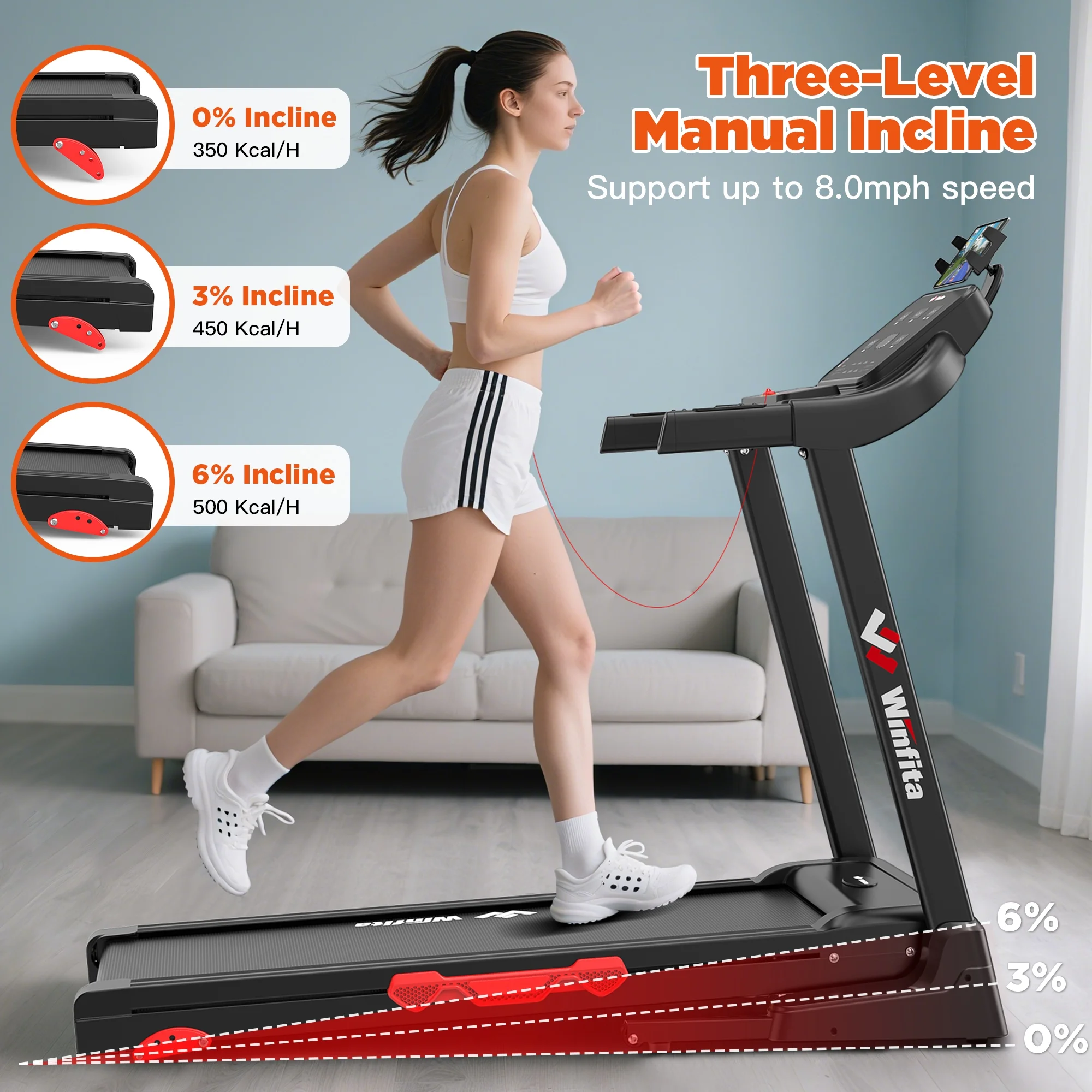 3.5HP Folding Incline Treadmill with 64 Preset Programs Bluetooth Electric Walking Treadmill Machine for Home, 0.6-8 MPH, 300 lbs - Image 2