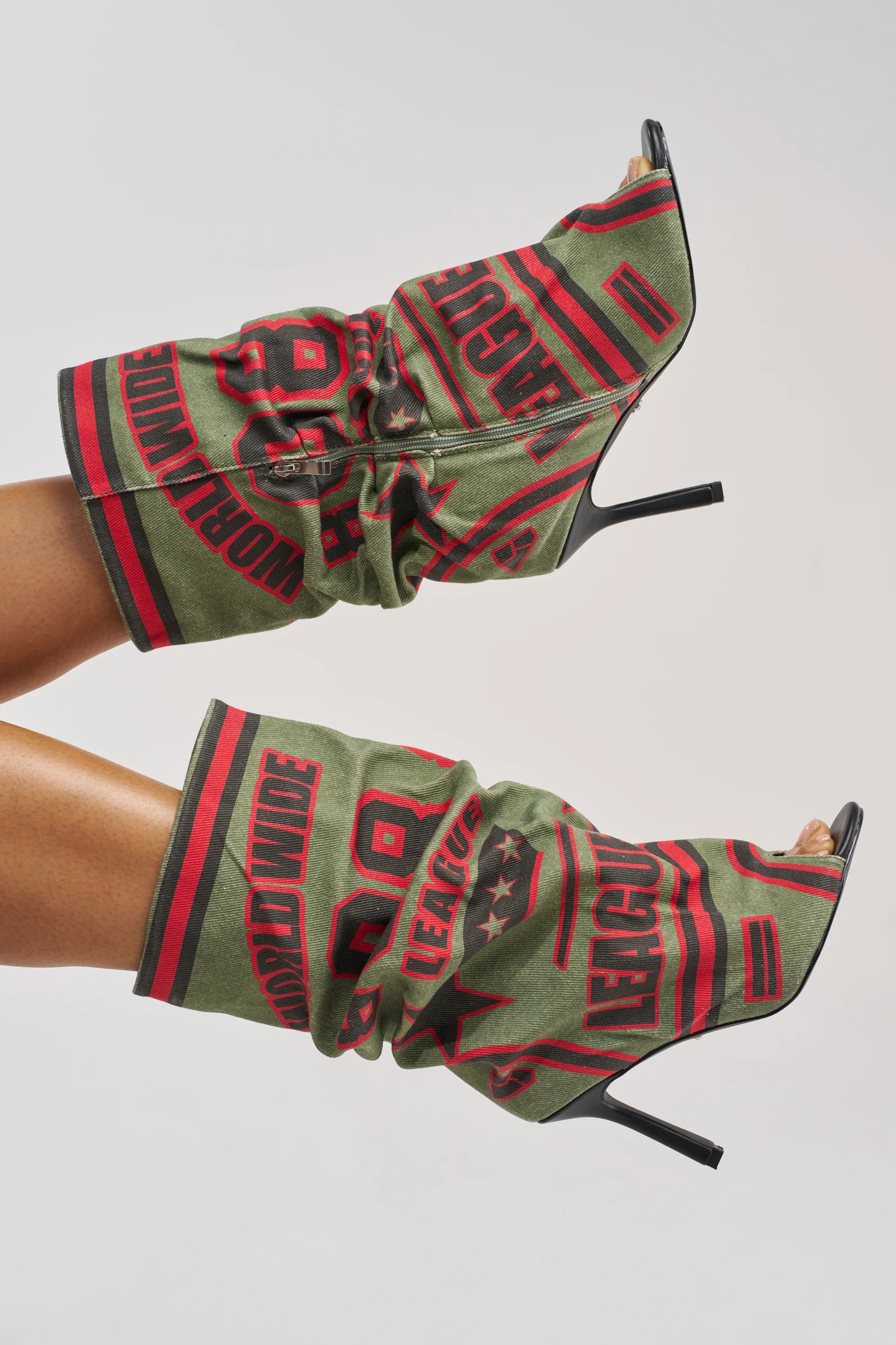 AKIRA GOLD BIG TIME GREEN MULTI CANVAS PRINTED SLOUCH OPEN TOE BOOTIE - Akira Store
