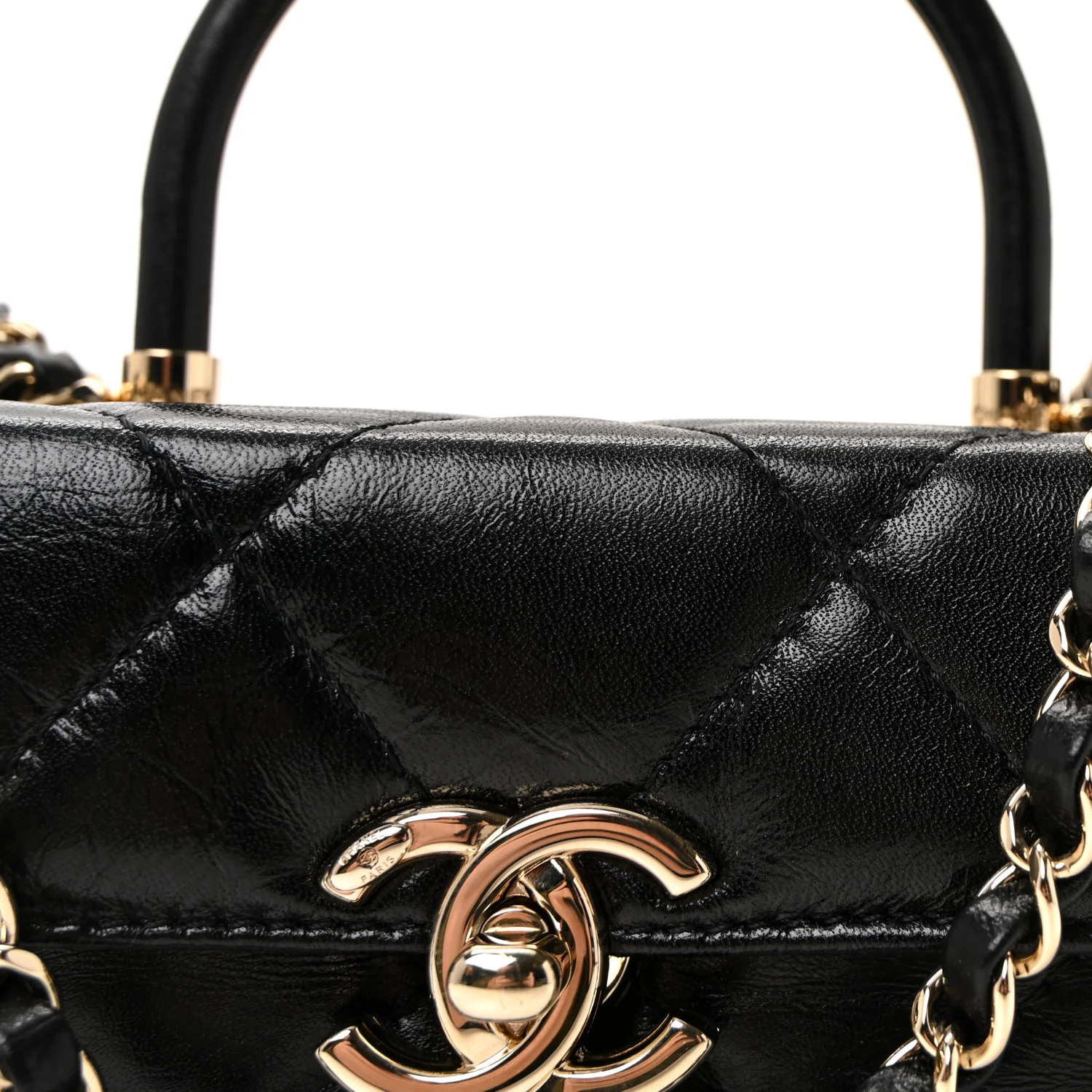 Shiny Calfskin Quilted Top Handle Box Bag Black