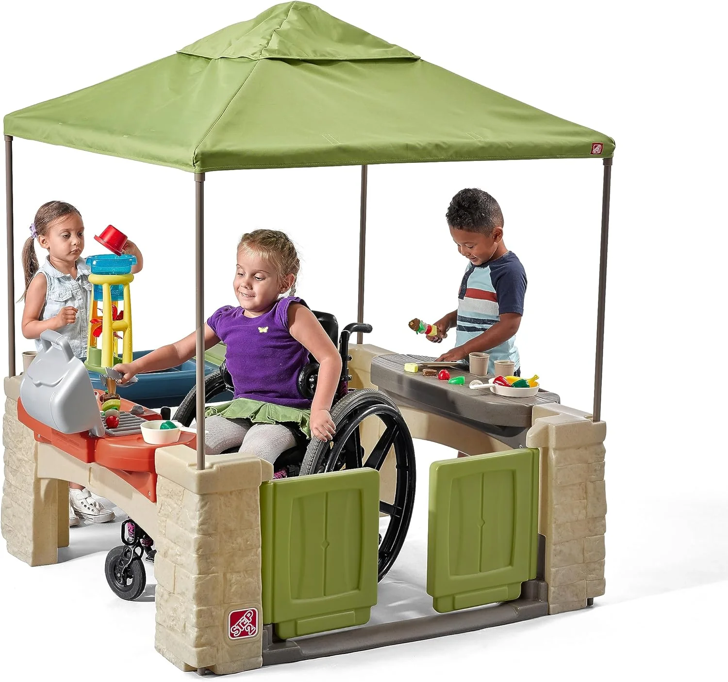 Terrasse de jeux polyvalente avec auvent, ensemble de cuisine intérieure et extérieure pour enfants