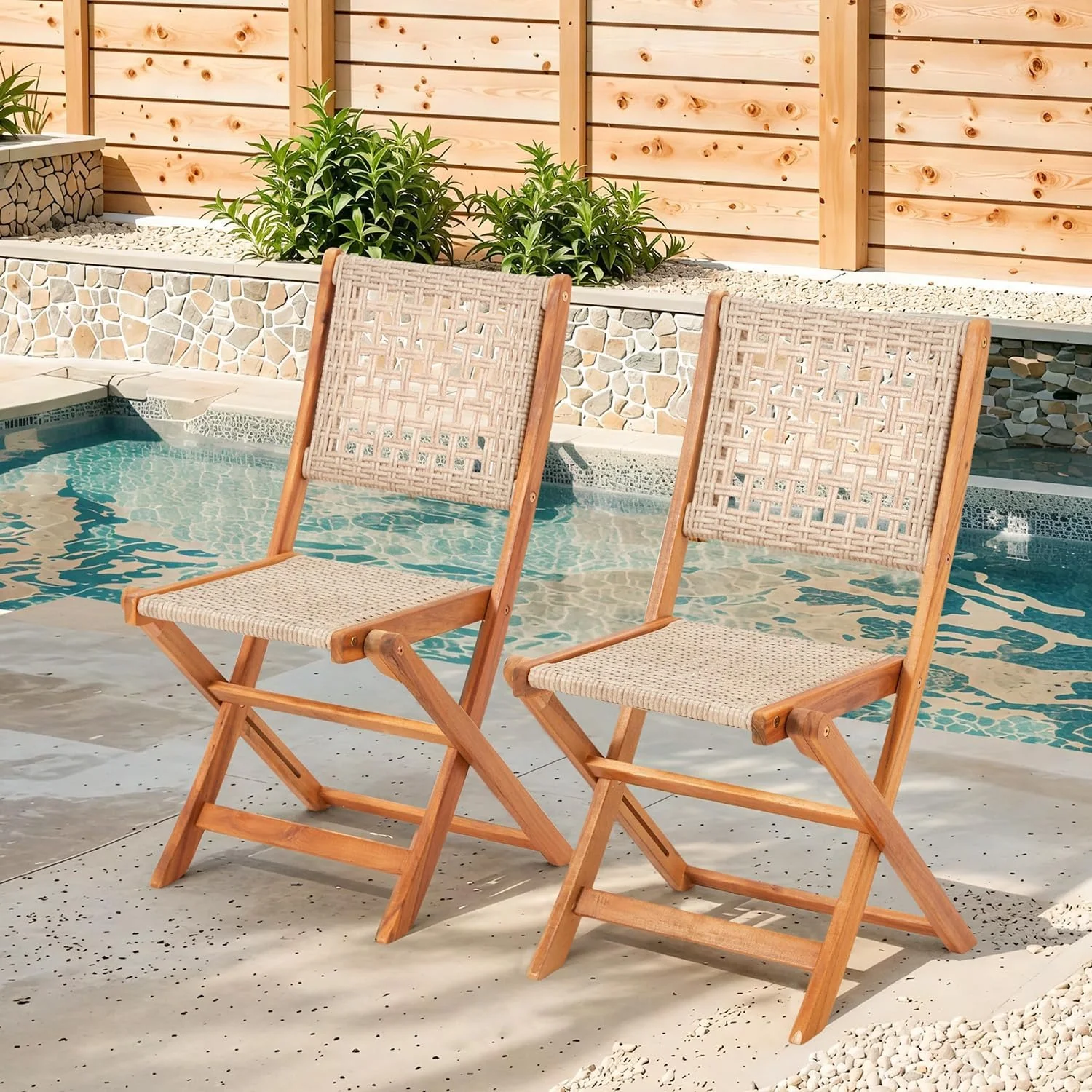 AECOJOY Outdoor Folding Chairs Set of 2, Wooden Patio Dining Chairs with High Back