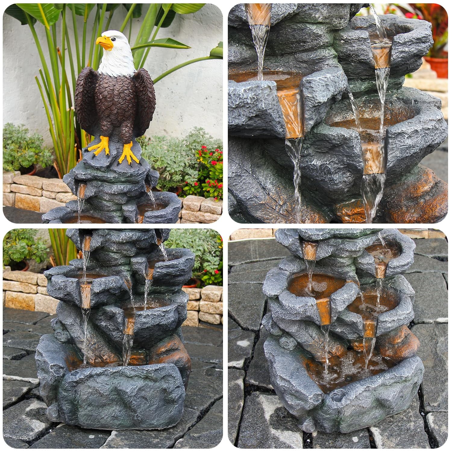 Bald Eagle Statue Outdoor Fountain Tiered Cascading Rock Water Fountain Outdoor Garden Waterfall Decor for Garden Patio Backyard Deck Porch Outside Water Feature 39.76 H